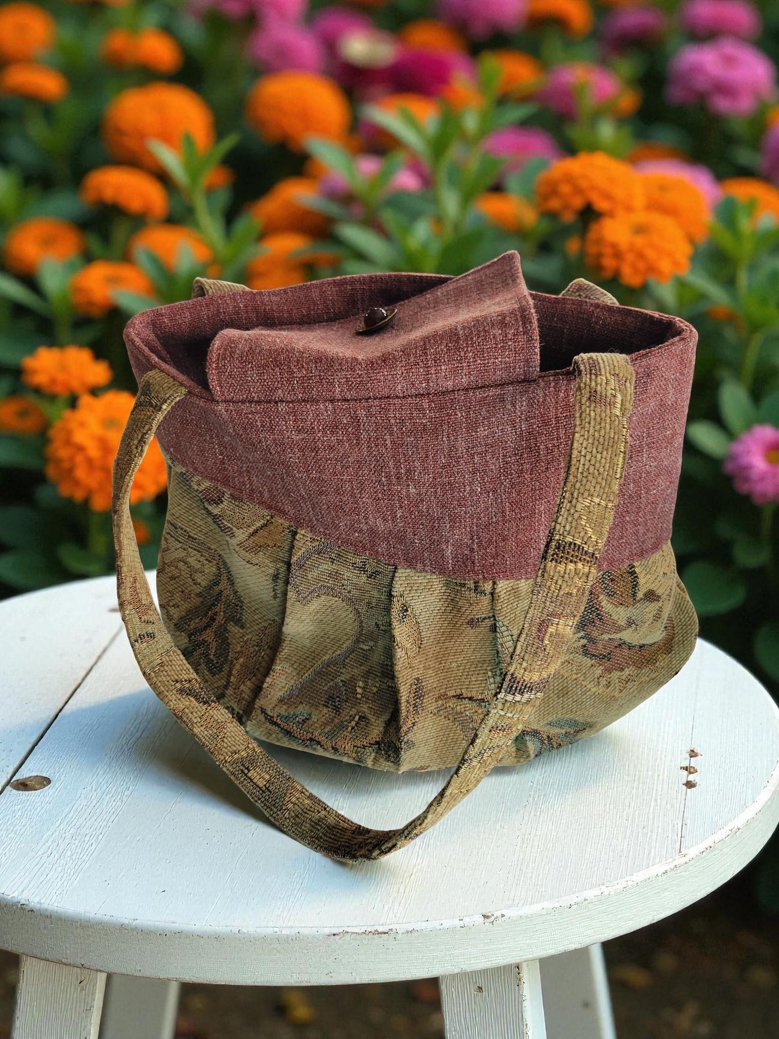 Burgundy and Tan Tapestry Pleated Tote Bag, Boho Floral Shoulder Bag, Vintage Inspired, view 12