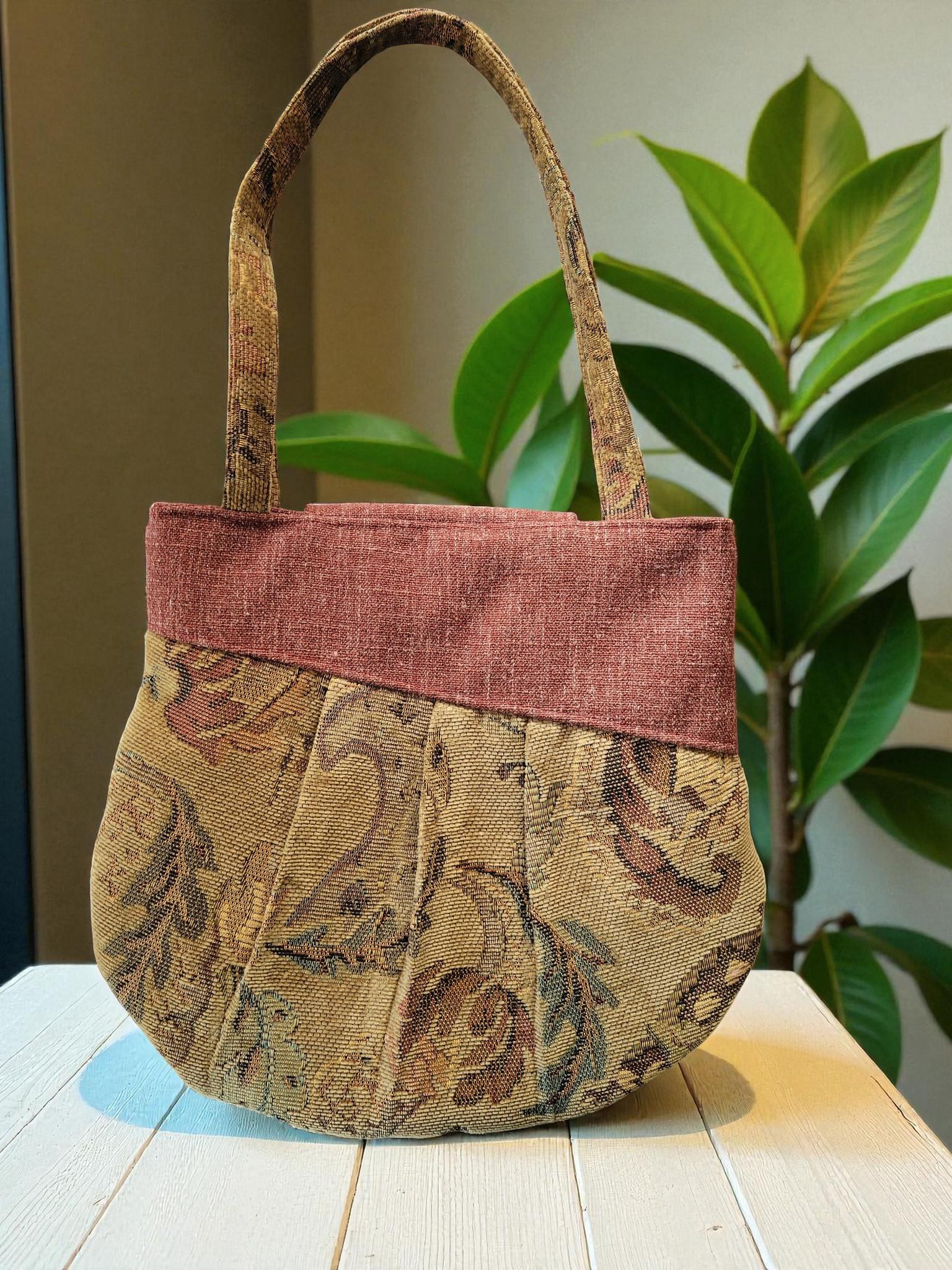 Burgundy and Tan Tapestry Pleated Tote Bag, Boho Floral Shoulder Bag, Vintage Inspired, view 2
