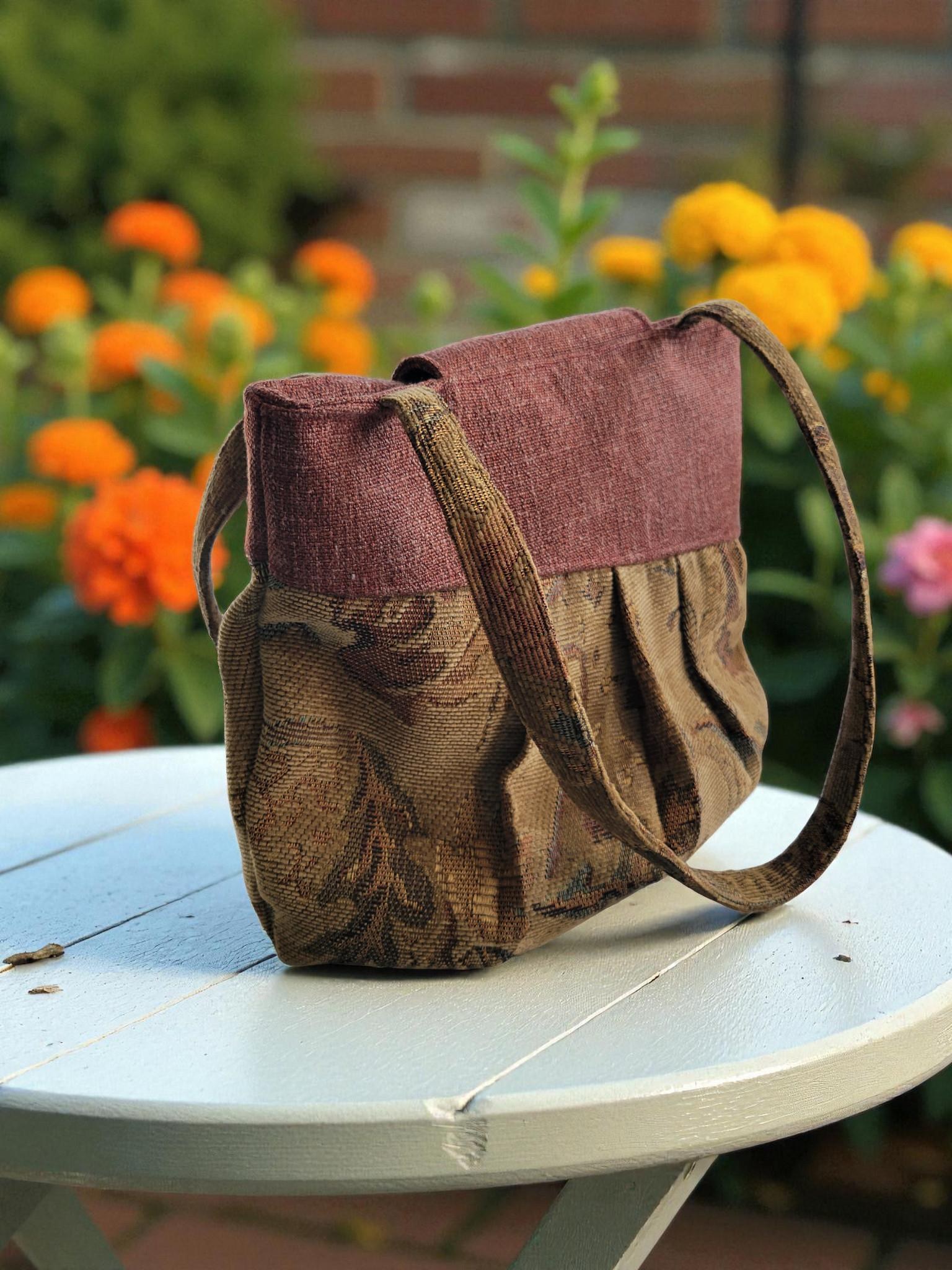 Burgundy and Tan Tapestry Pleated Tote Bag, Boho Floral Shoulder Bag, Vintage Inspired, view 3