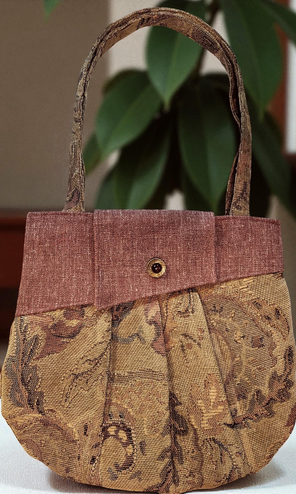 Burgundy and Tan Tapestry Pleated Tote Bag, Boho Floral Shoulder Bag, Vintage Inspired, view 4