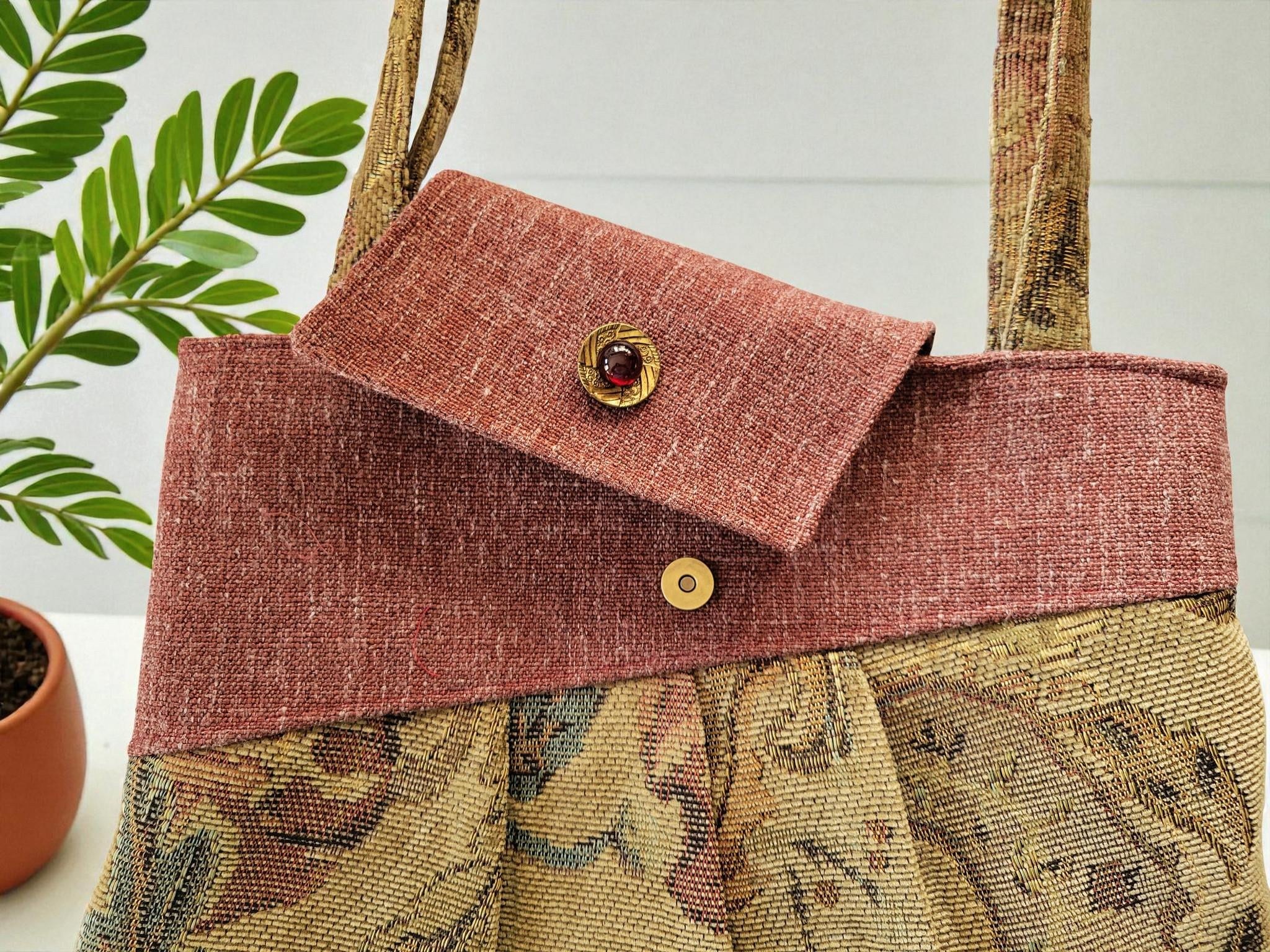 Burgundy and Tan Tapestry Pleated Tote Bag, Boho Floral Shoulder Bag, Vintage Inspired, view 5