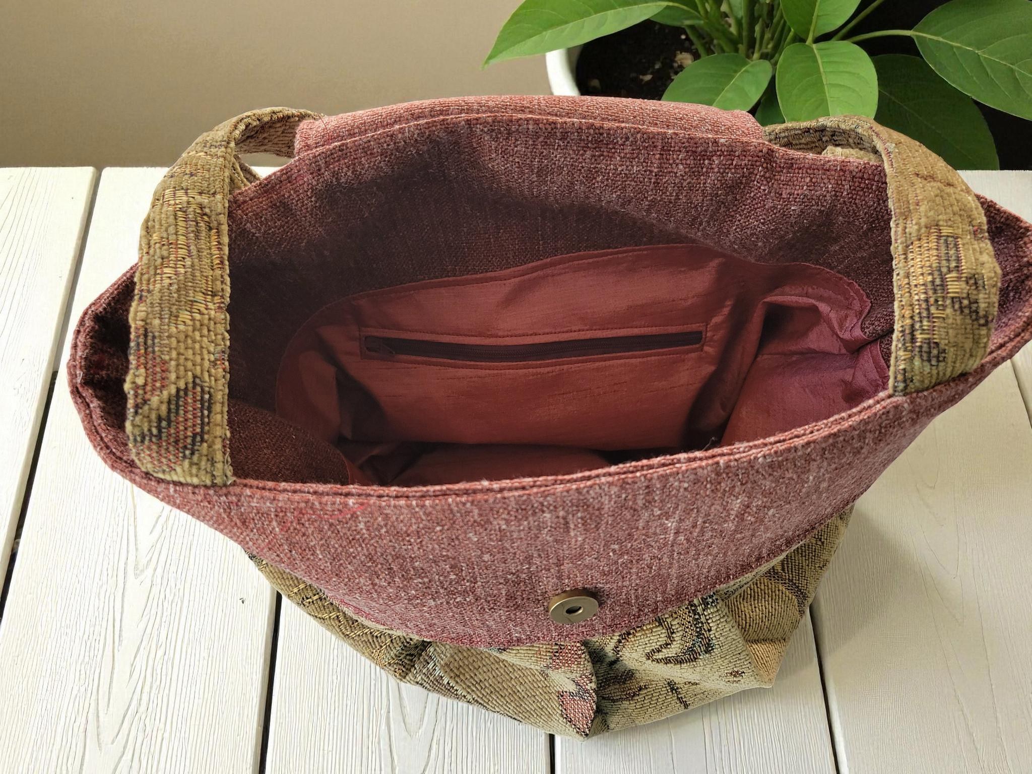 Burgundy and Tan Tapestry Pleated Tote Bag, Boho Floral Shoulder Bag, Vintage Inspired, view 6