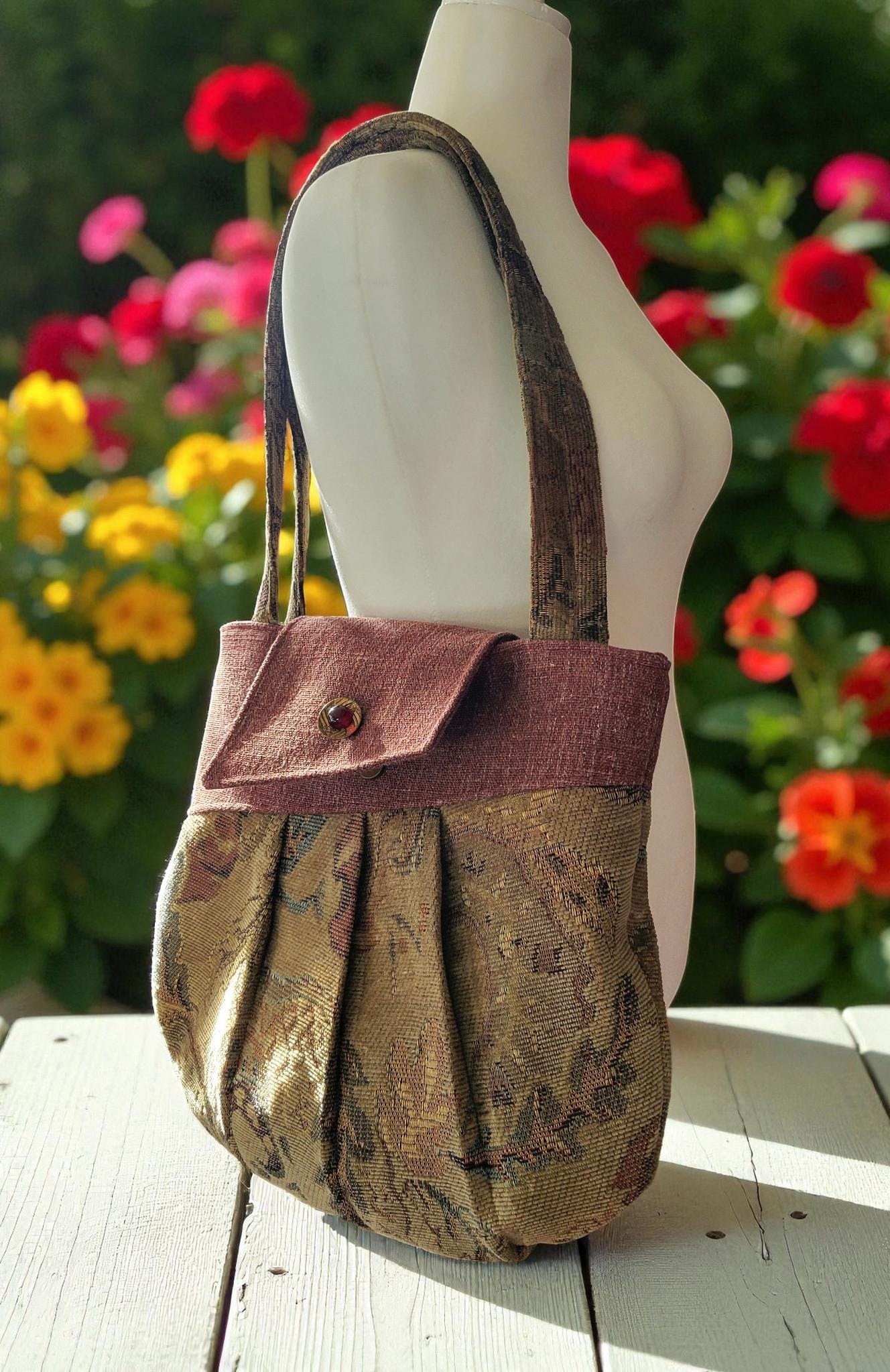 Burgundy and Tan Tapestry Pleated Tote Bag, Boho Floral Shoulder Bag, Vintage Inspired, view 7