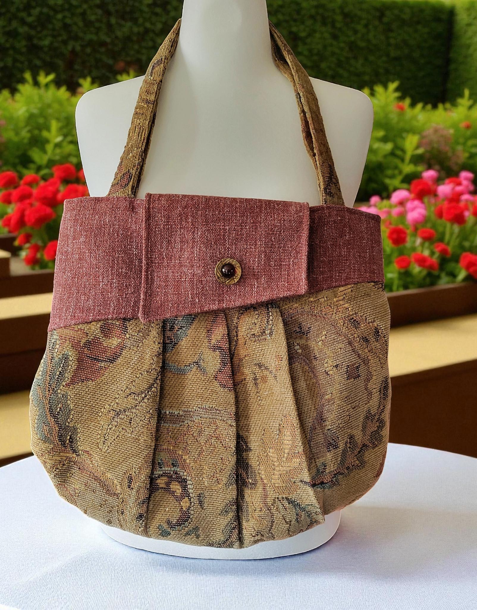 Burgundy and Tan Tapestry Pleated Tote Bag, Boho Floral Shoulder Bag, Vintage Inspired, view 8