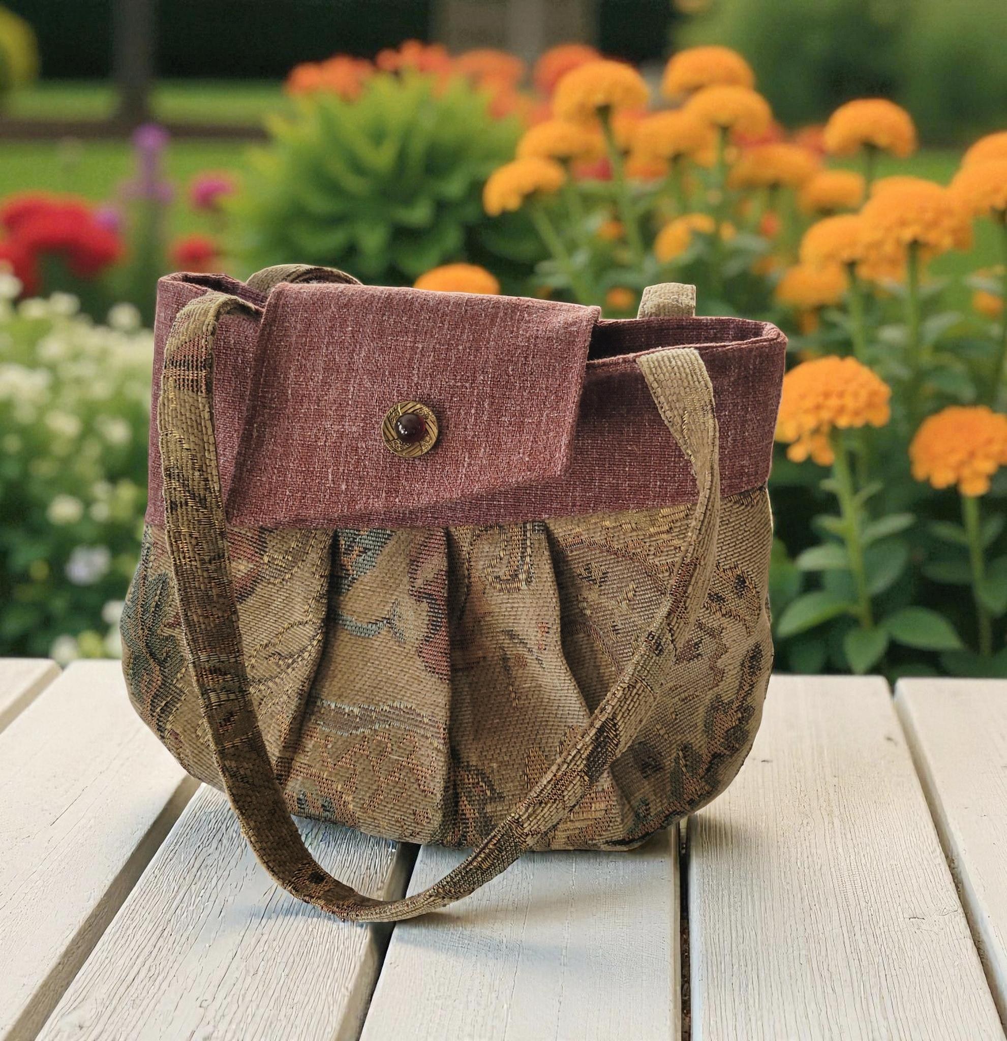 Burgundy and Tan Tapestry Pleated Tote Bag, Boho Floral Shoulder Bag, Vintage Inspired, view 9