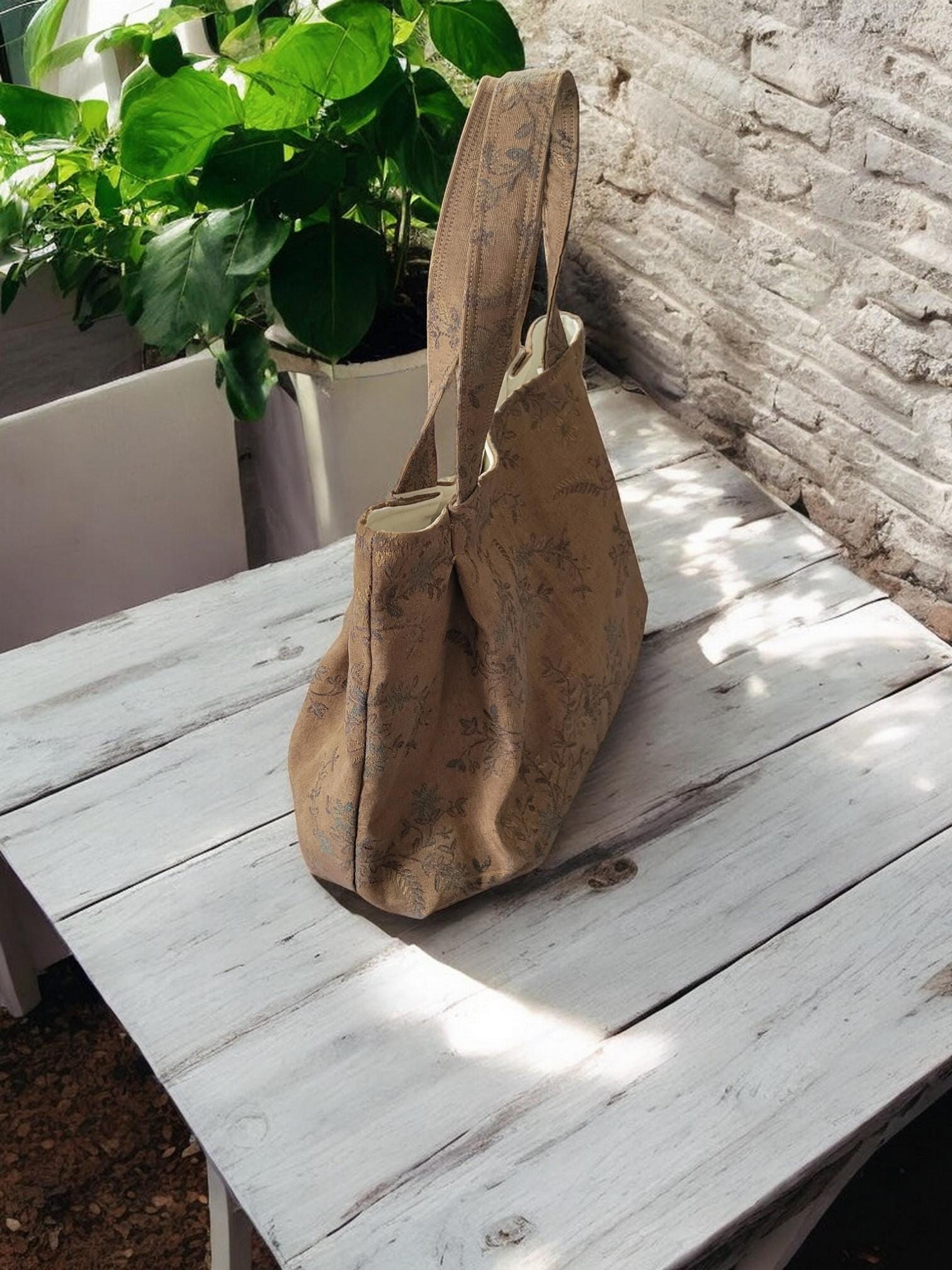 Bronze Pleated Jacquard Boho Purse, Floral Shoulder Bag, view 13
