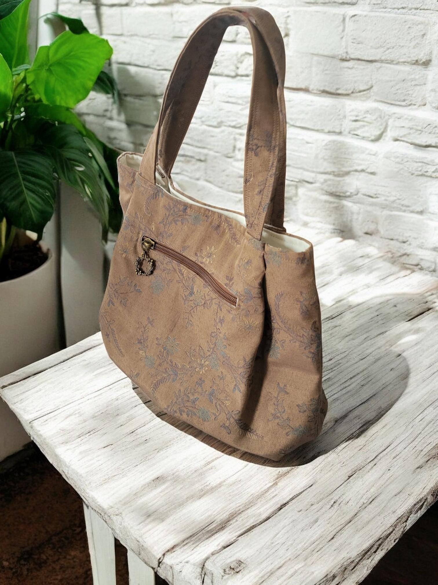 Bronze Pleated Jacquard Boho Purse, Floral Shoulder Bag, view 7