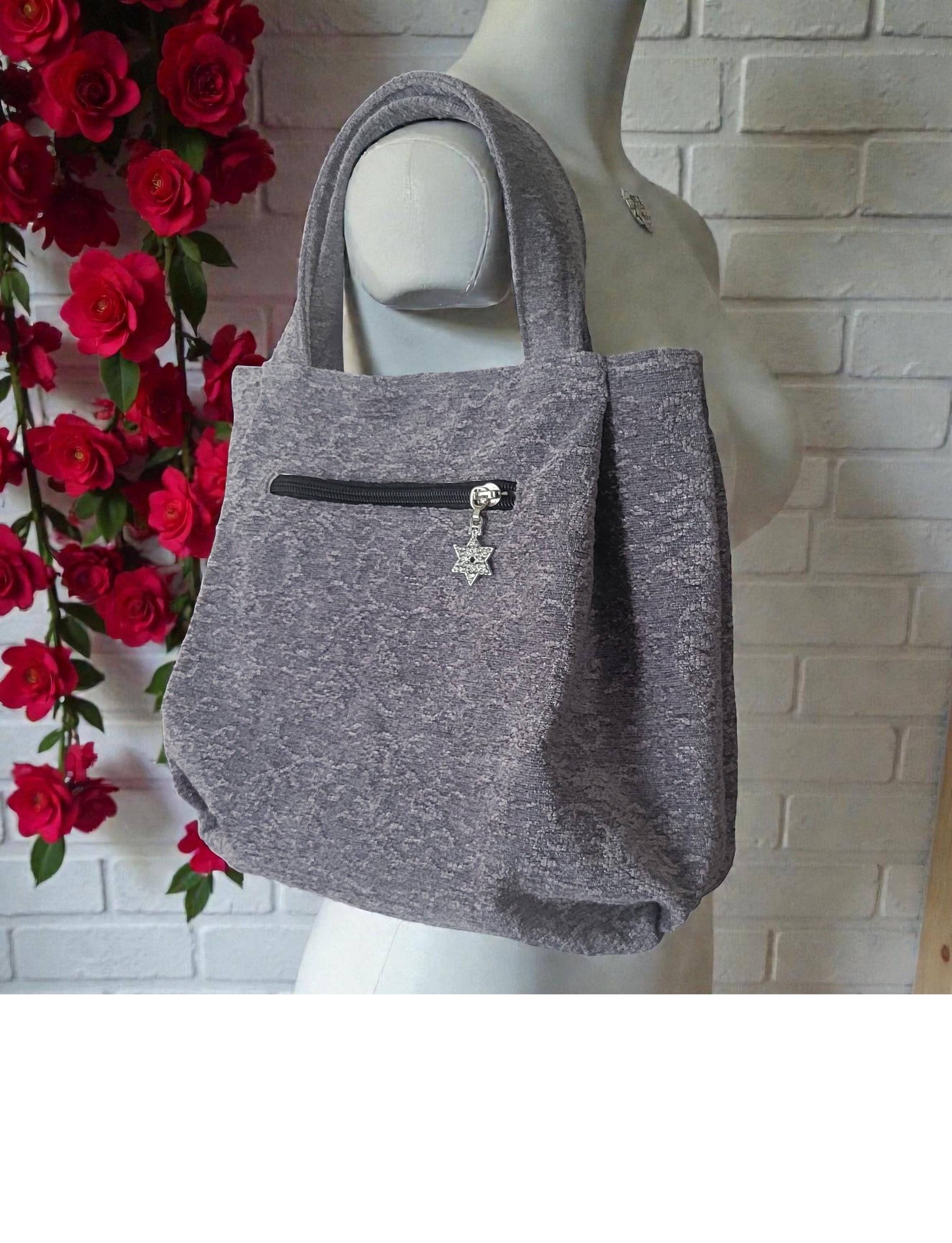 Heather Gray Pleated Chenille Boho Purse, Hobo Shoulder Bag, view 11