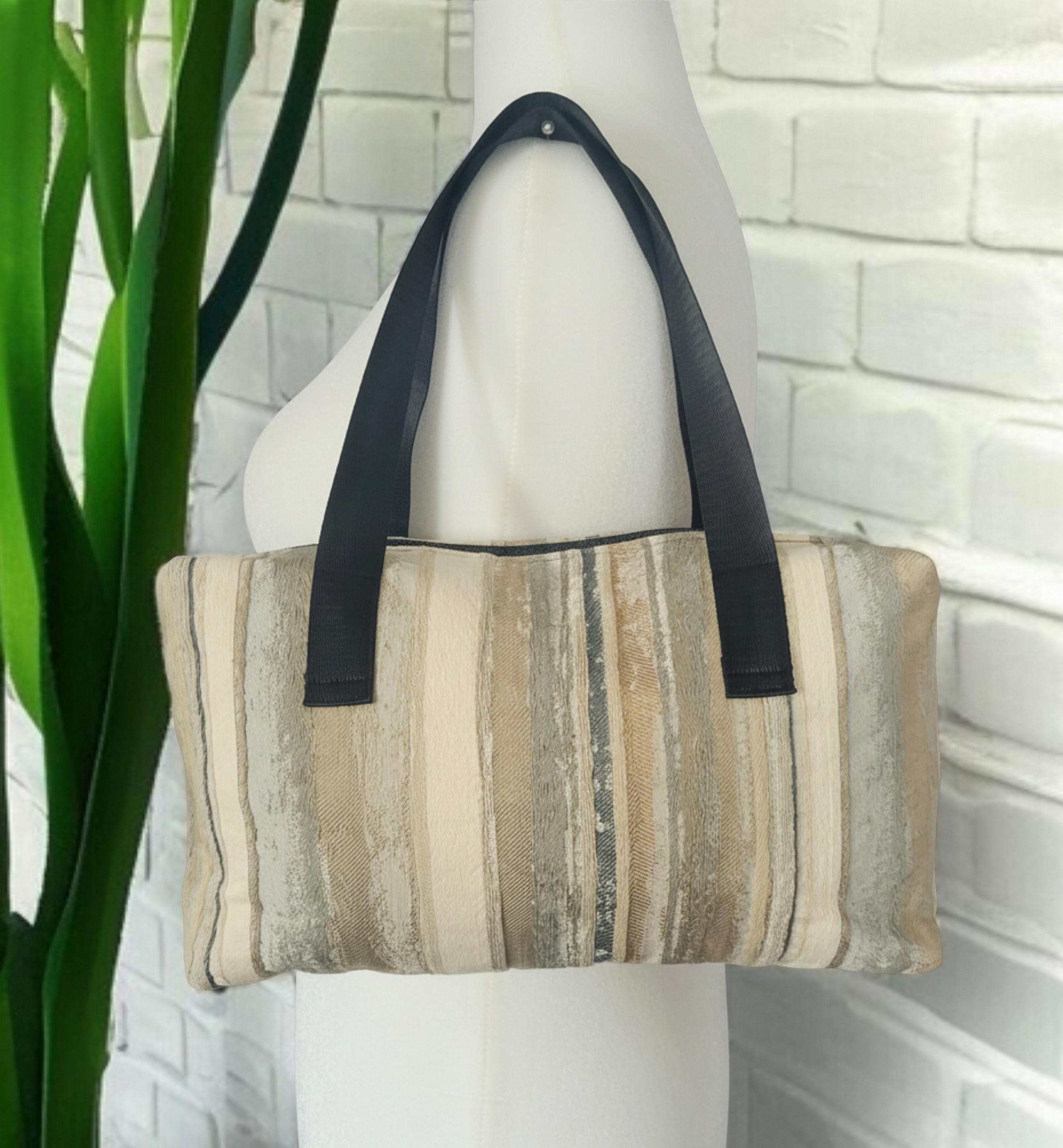 Shoulder Tote Bag, Neutral Striped Zipper Tote with Black Handles