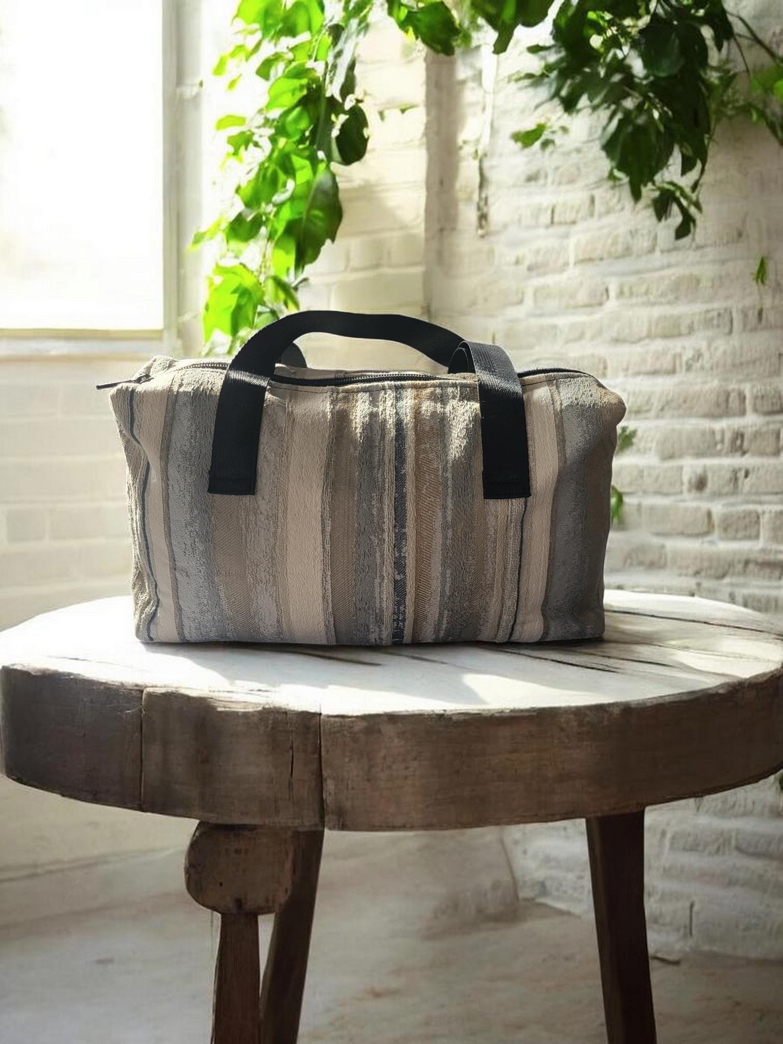 Shoulder Tote Bag, Neutral Striped Zipper Tote with Black Handles, view 10