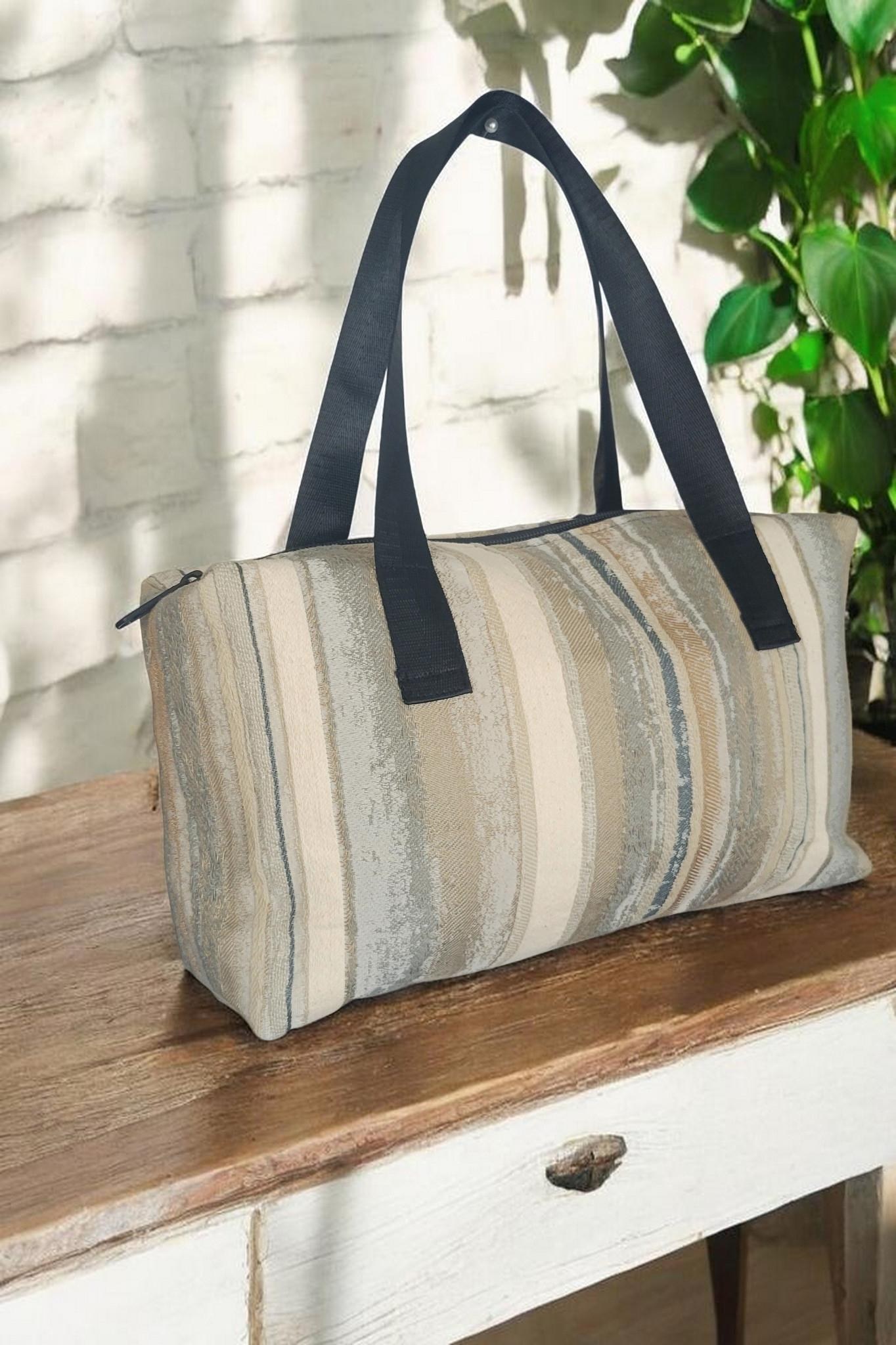Shoulder Tote Bag, Neutral Striped Zipper Tote with Black Handles, view 2