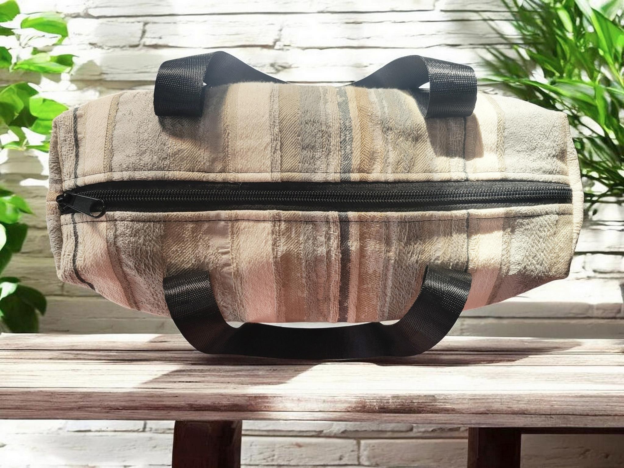 Shoulder Tote Bag, Neutral Striped Zipper Tote with Black Handles, view 4