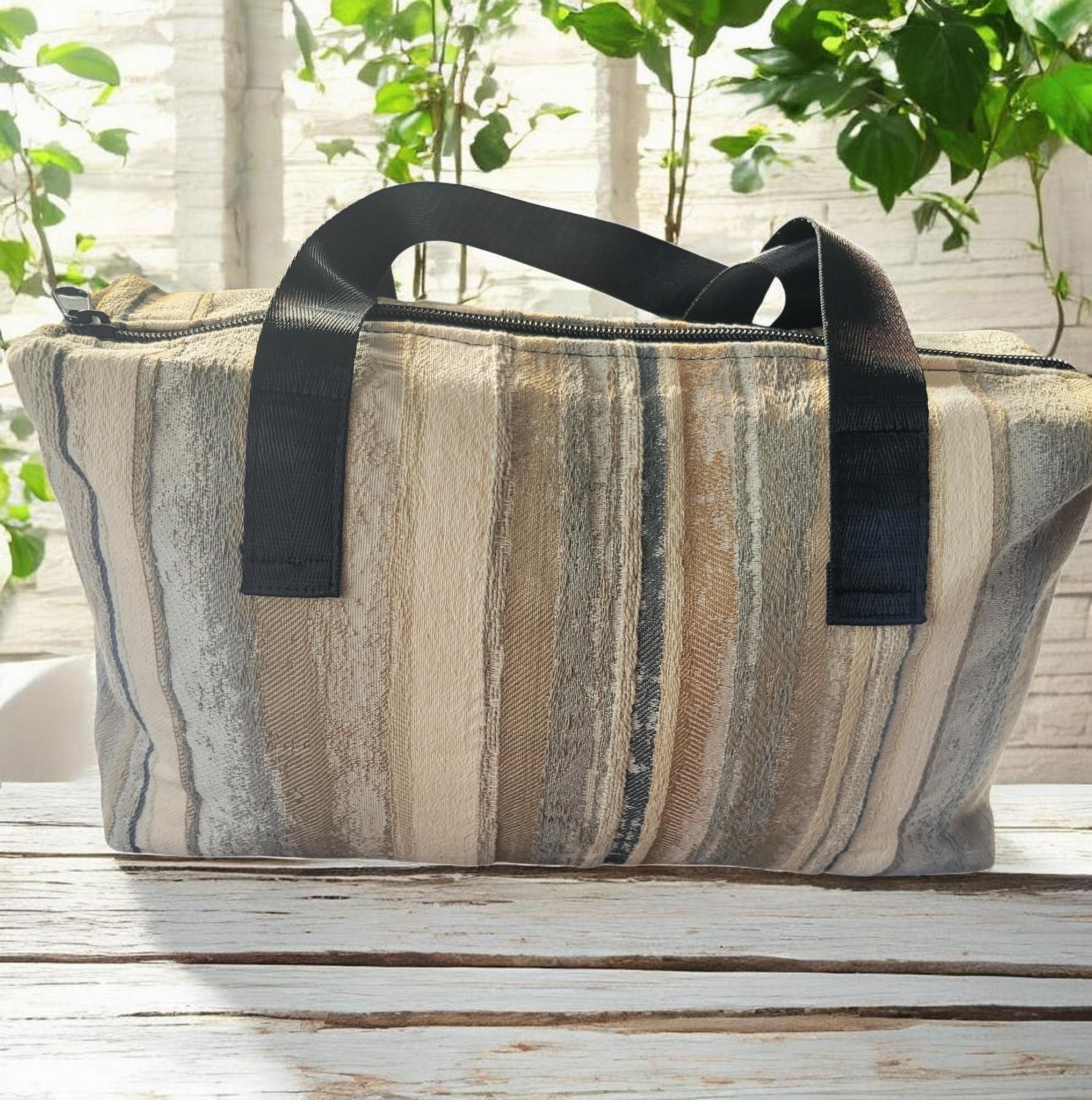 Shoulder Tote Bag, Neutral Striped Zipper Tote with Black Handles, view 5