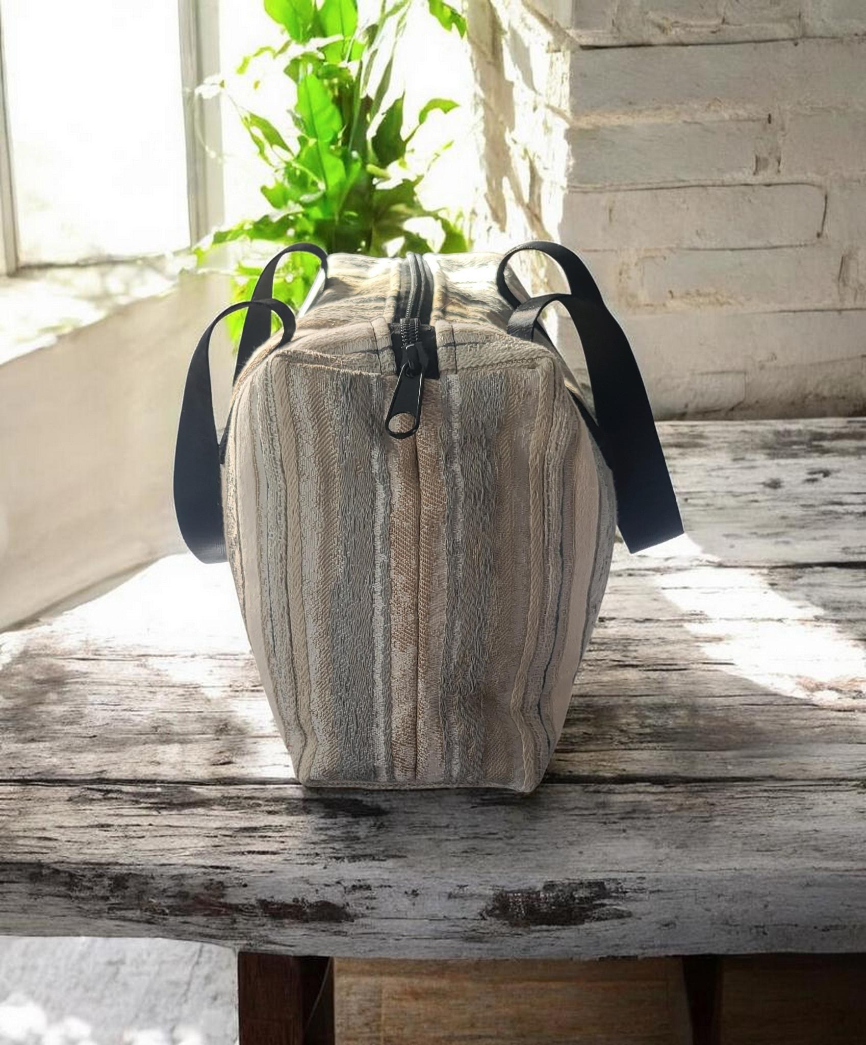 Shoulder Tote Bag, Neutral Striped Zipper Tote with Black Handles, view 6