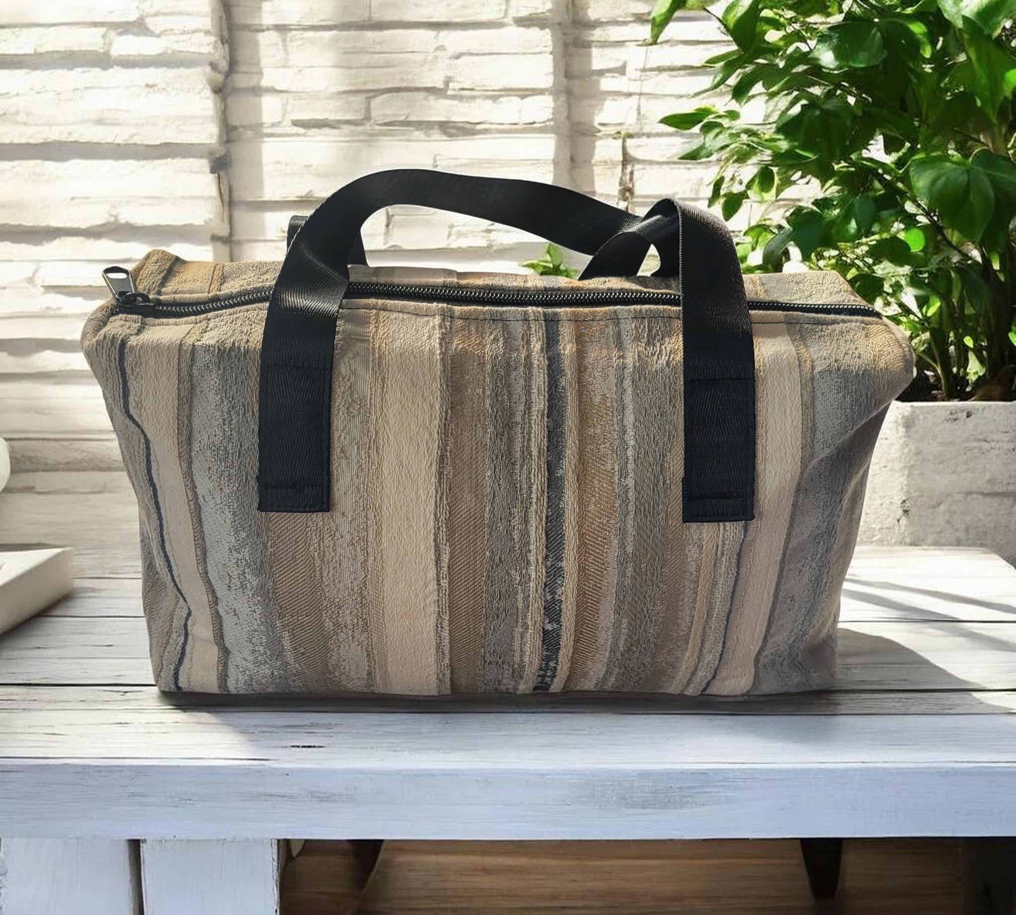 Shoulder Tote Bag, Neutral Striped Zipper Tote with Black Handles, view 7