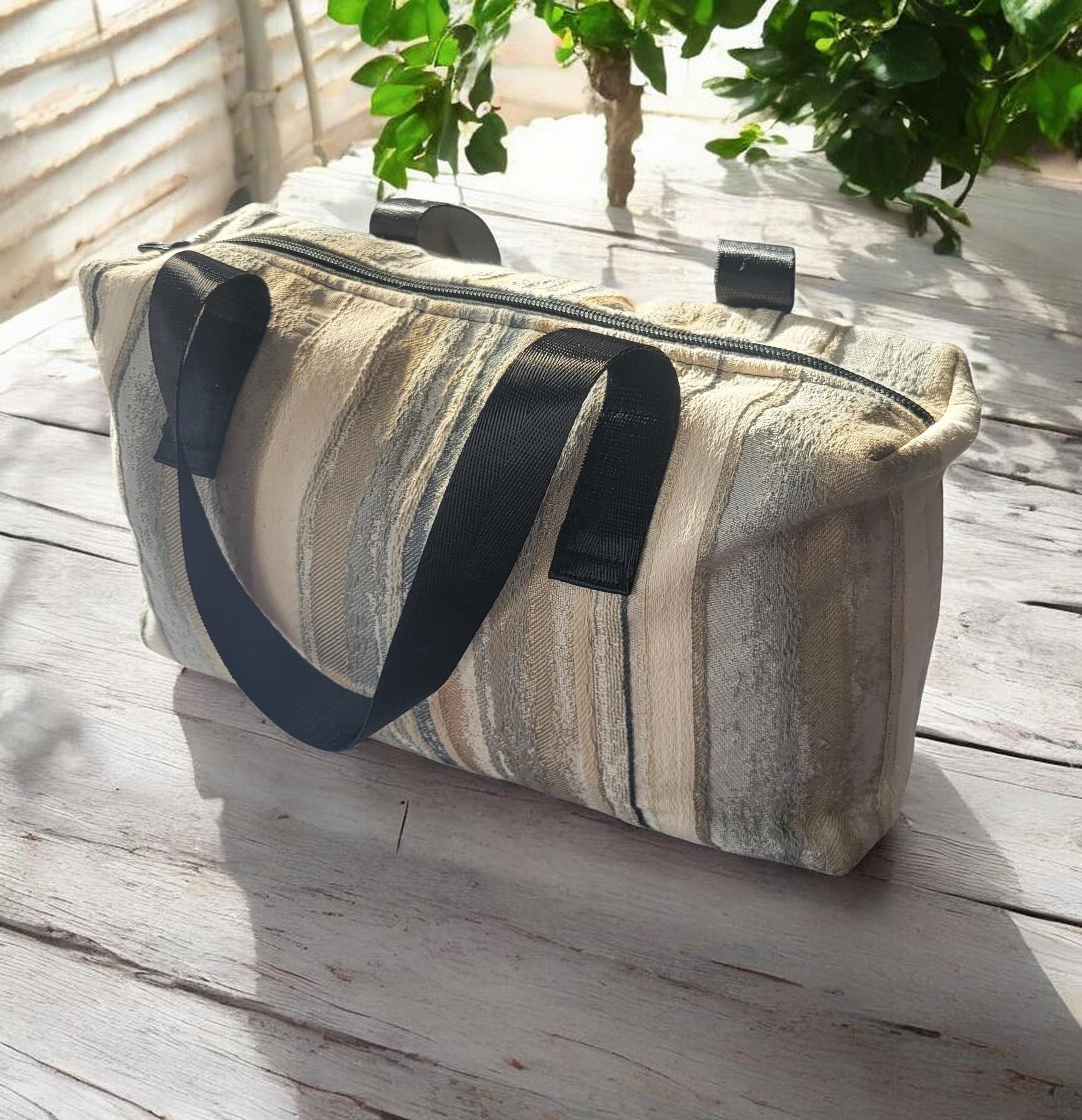 Shoulder Tote Bag, Neutral Striped Zipper Tote with Black Handles, view 8