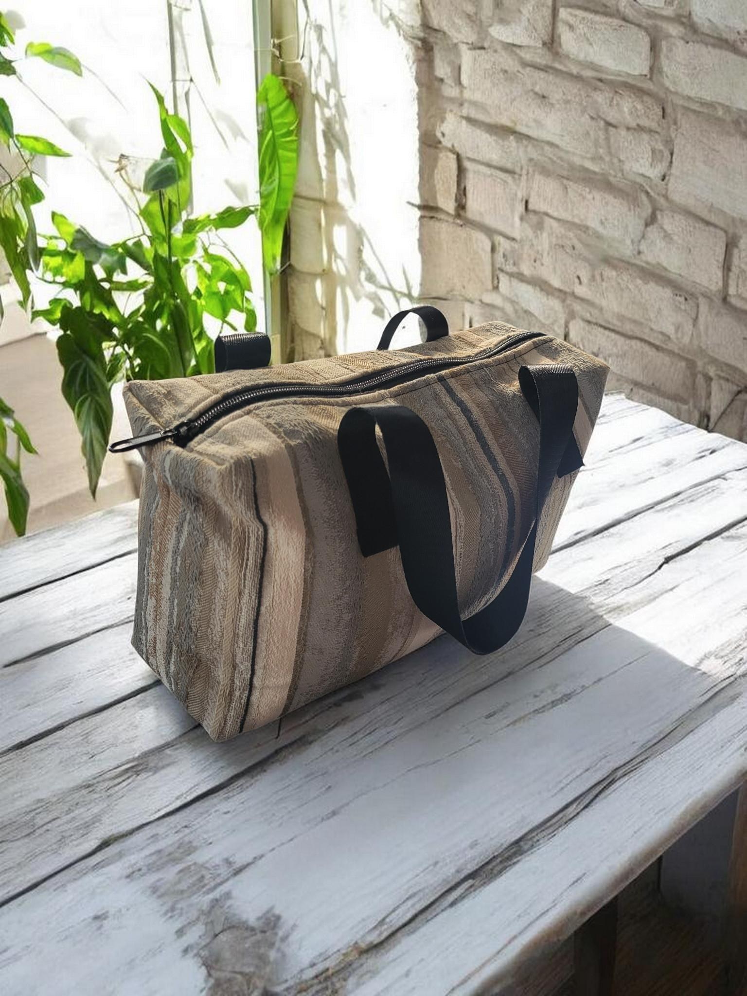 Shoulder Tote Bag, Neutral Striped Zipper Tote with Black Handles, view 9