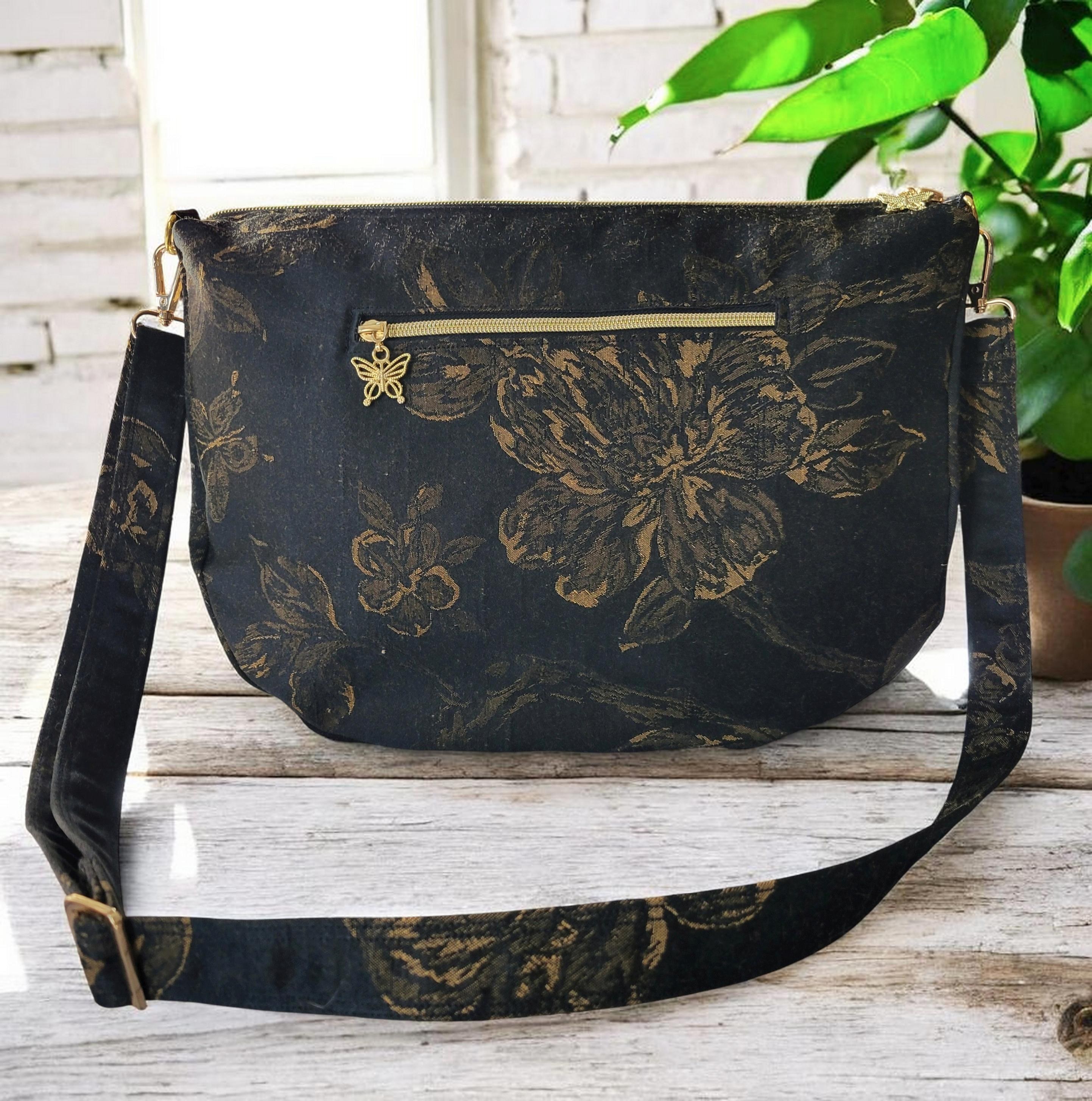 Black & Gold Floral Brushed Silk Crossbody Bag, Vintage Inspired, Slouchy Purse