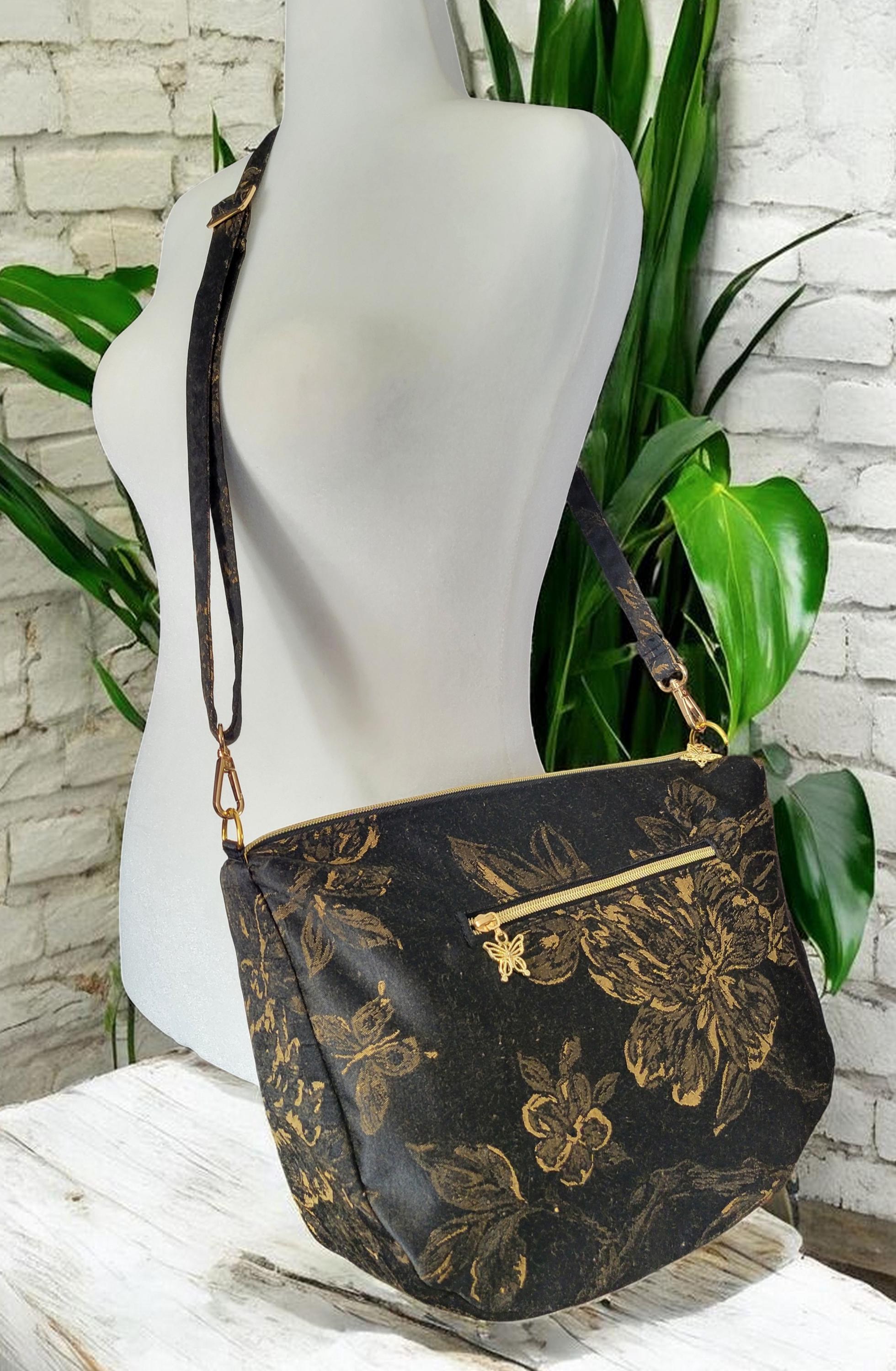 Black & Gold Floral Brushed Silk Crossbody Bag, Vintage Inspired, Slouchy Purse, view 10