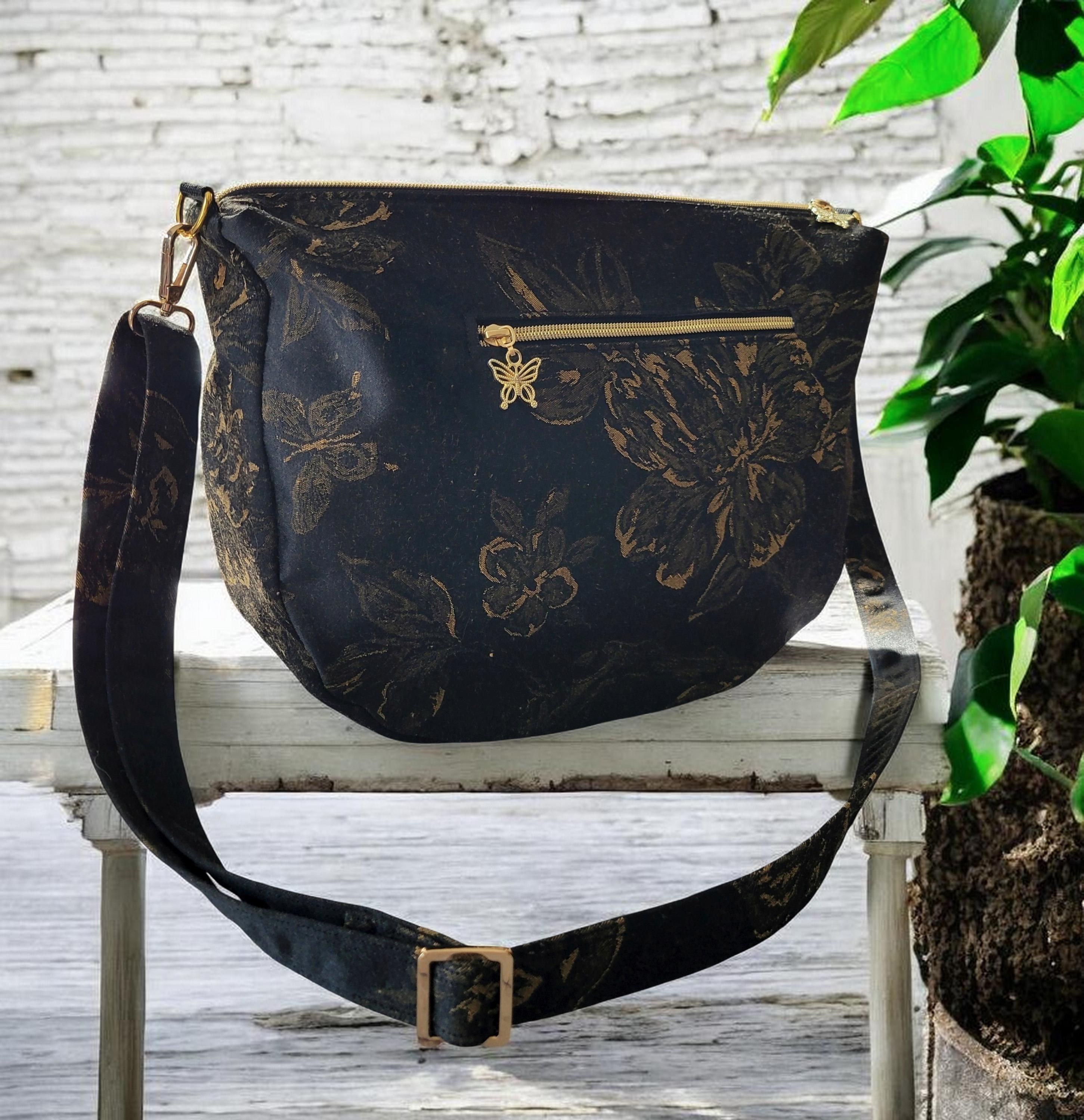 Black & Gold Floral Brushed Silk Crossbody Bag, Vintage Inspired, Slouchy Purse, view 11