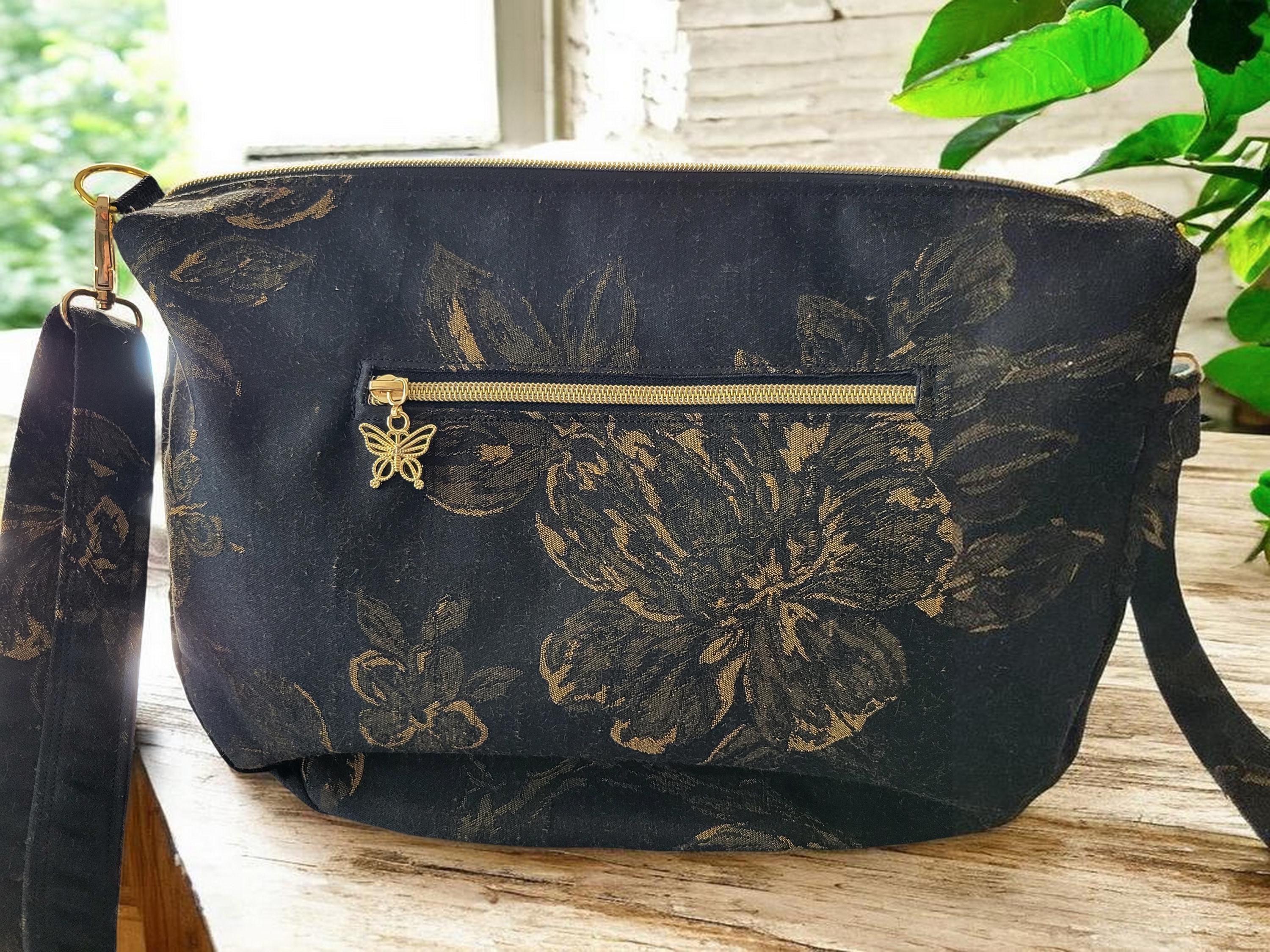 Black & Gold Floral Brushed Silk Crossbody Bag, Vintage Inspired, Slouchy Purse, view 12