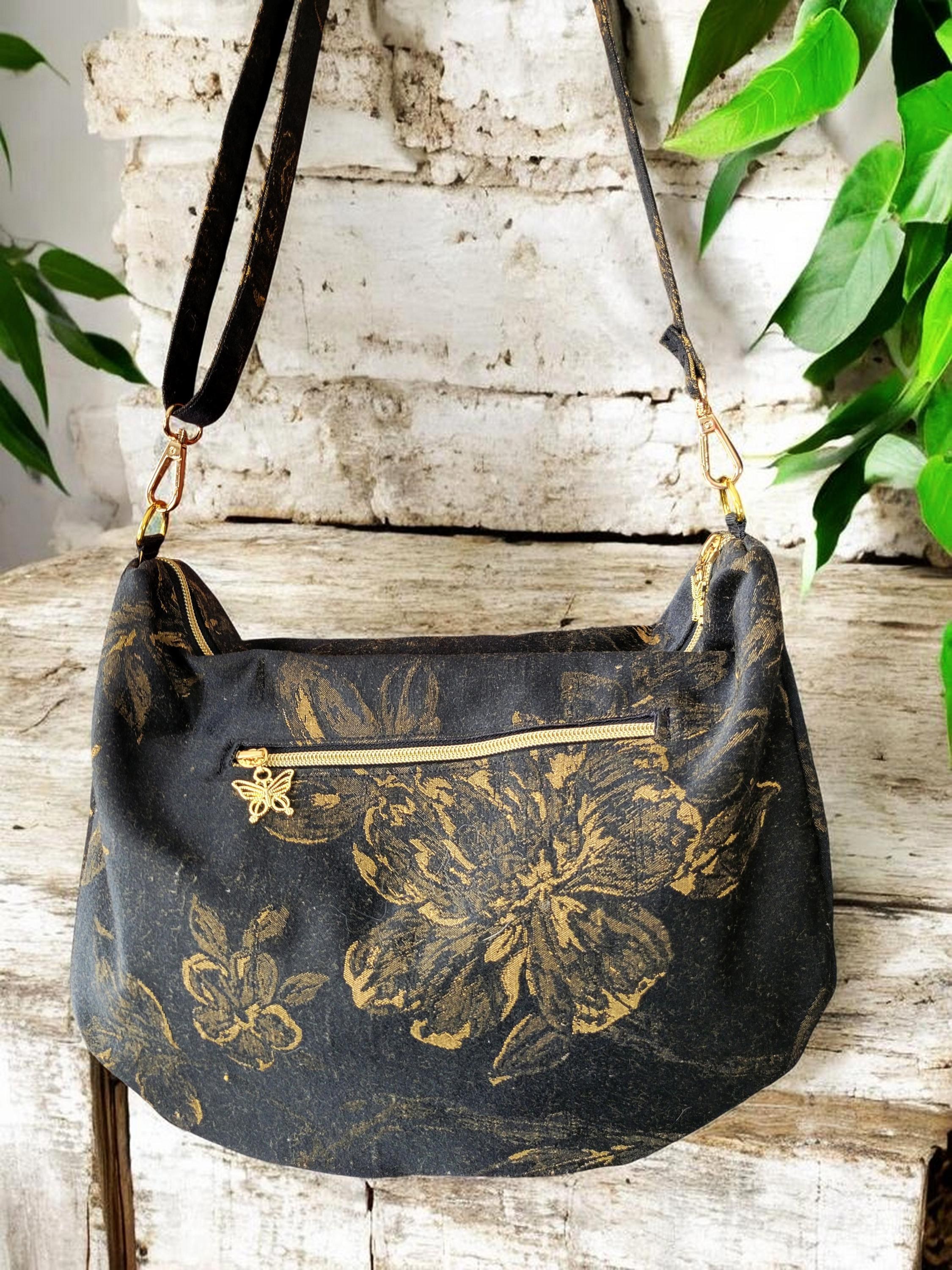 Black & Gold Floral Brushed Silk Crossbody Bag, Vintage Inspired, Slouchy Purse, view 13