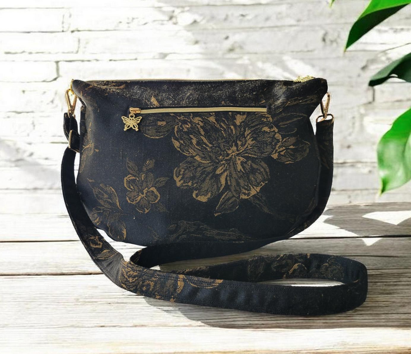 Black & Gold Floral Brushed Silk Crossbody Bag, Vintage Inspired, Slouchy Purse, view 14