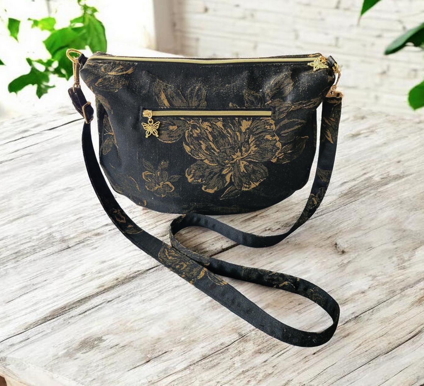 Black & Gold Floral Brushed Silk Crossbody Bag, Vintage Inspired, Slouchy Purse, view 15