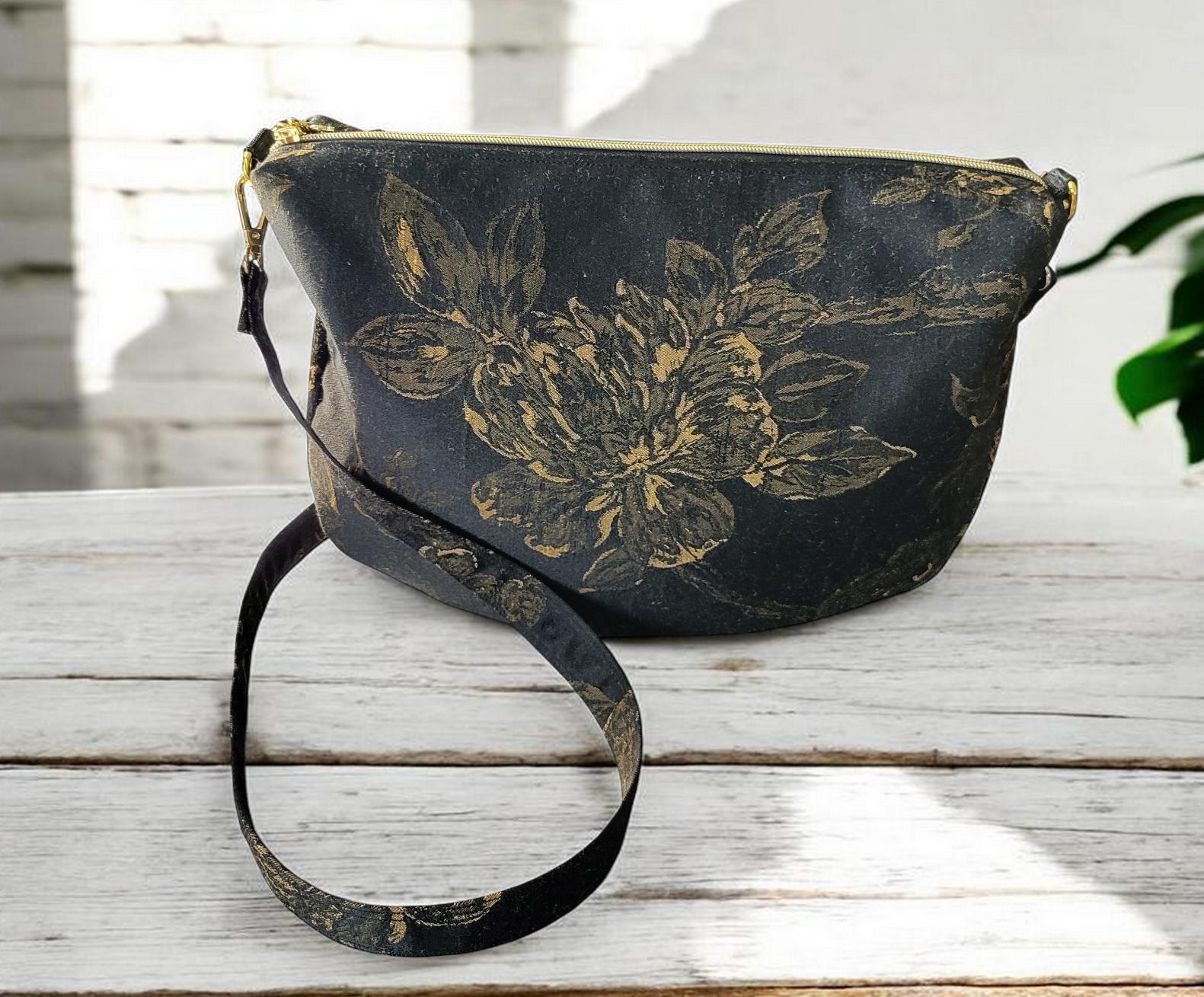 Black & Gold Floral Brushed Silk Crossbody Bag, Vintage Inspired, Slouchy Purse, view 2