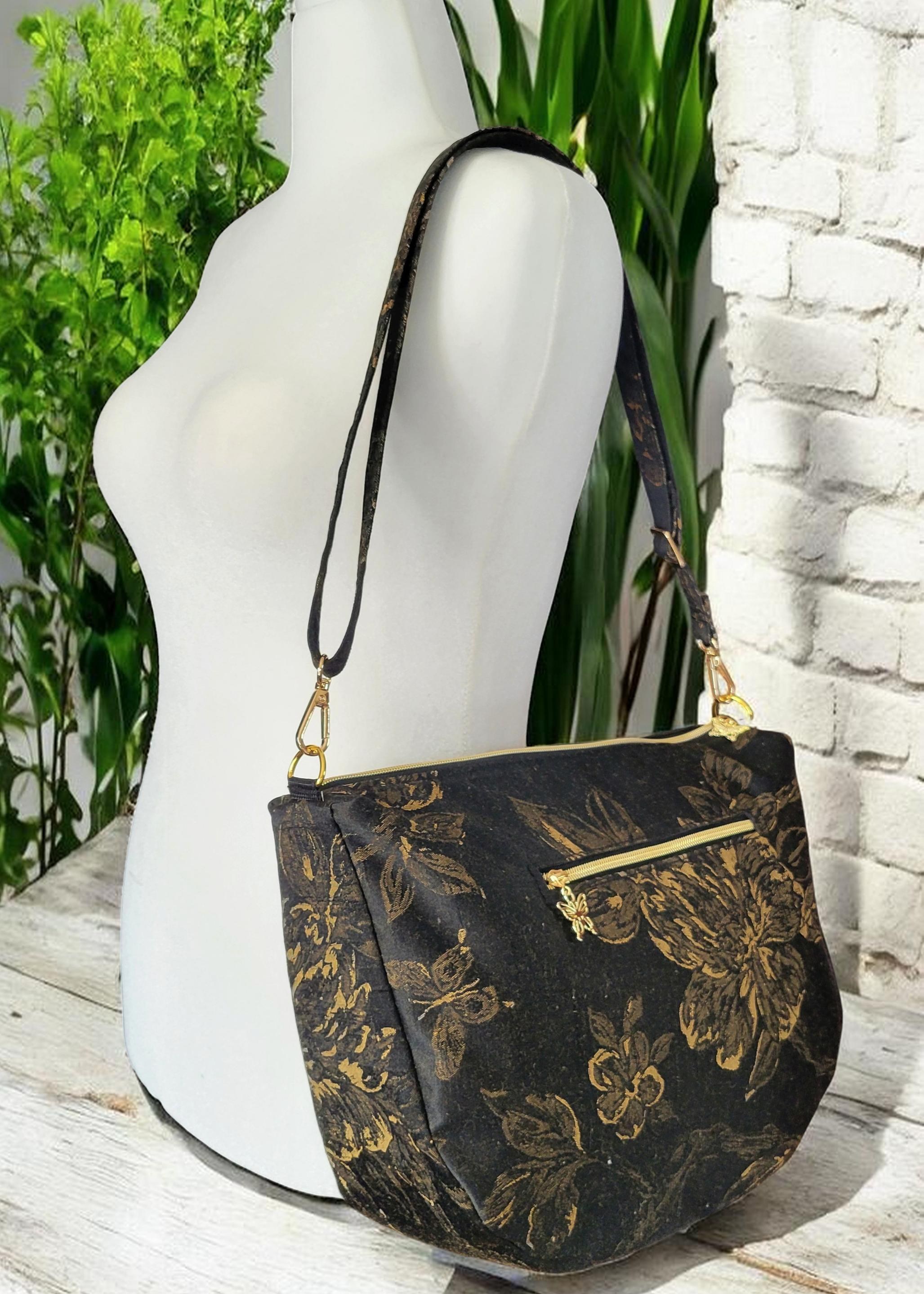 Black & Gold Floral Brushed Silk Crossbody Bag, Vintage Inspired, Slouchy Purse, view 3