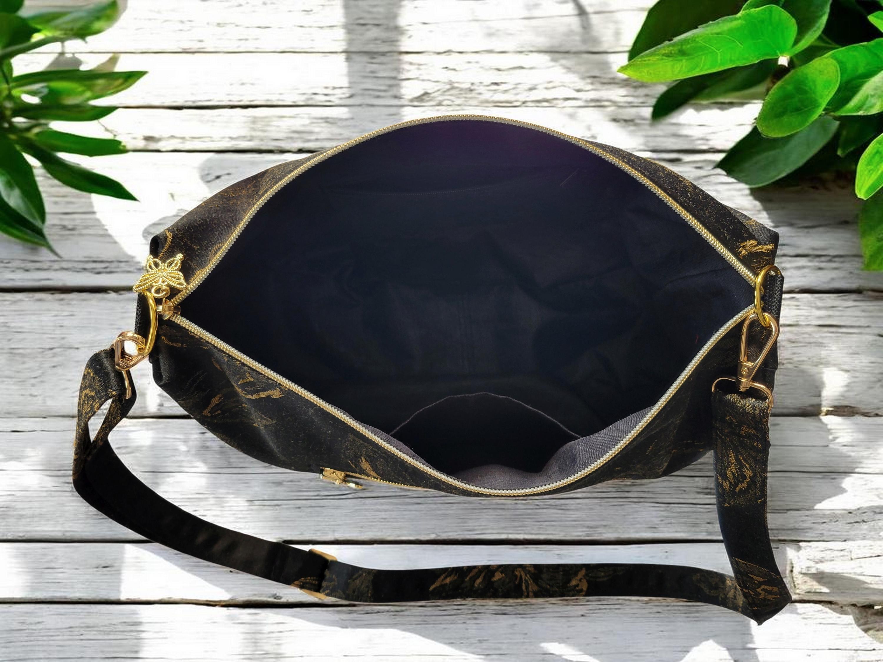 Black & Gold Floral Brushed Silk Crossbody Bag, Vintage Inspired, Slouchy Purse, view 4