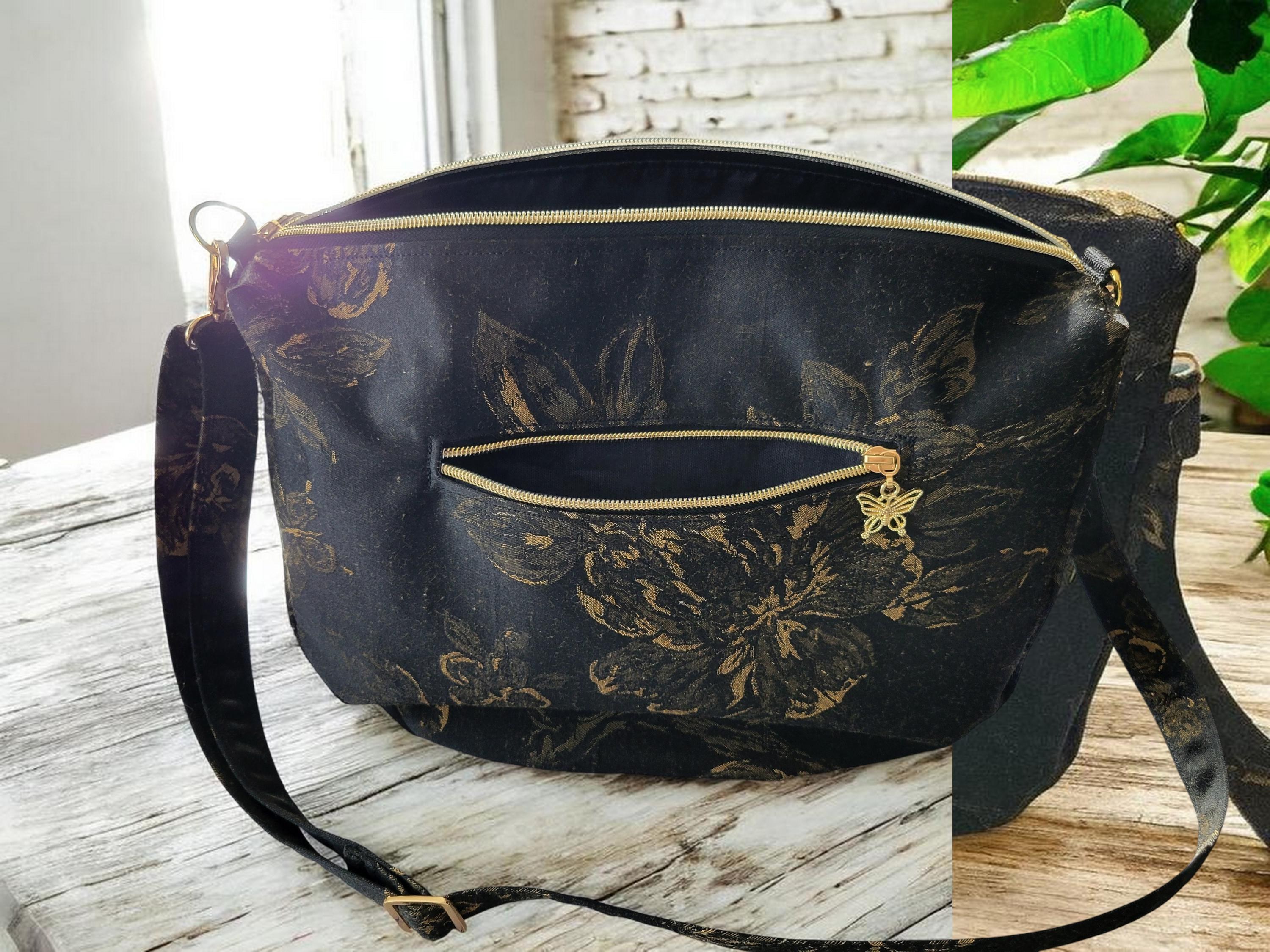 Black & Gold Floral Brushed Silk Crossbody Bag, Vintage Inspired, Slouchy Purse, view 5