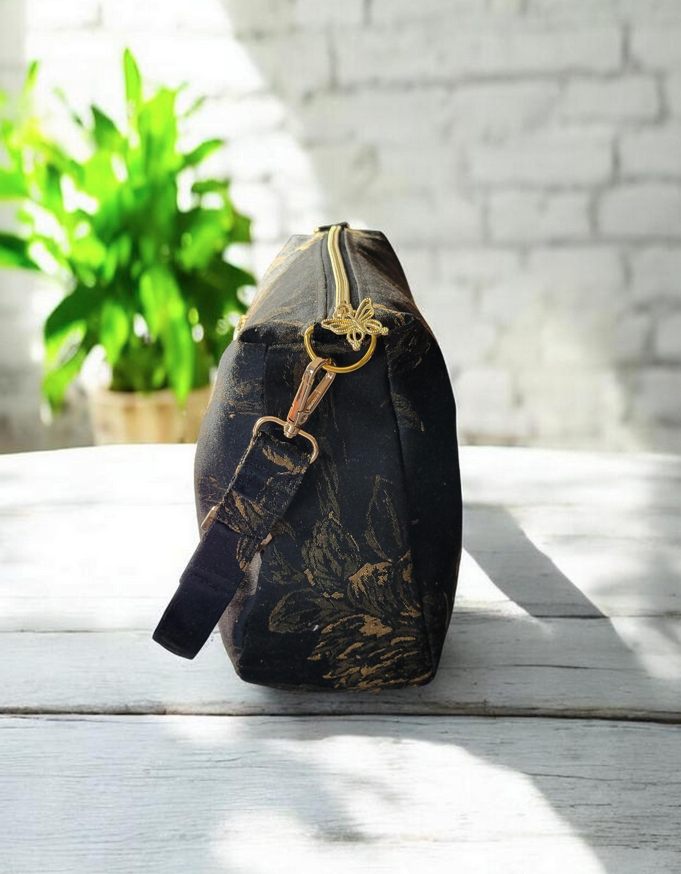 Black & Gold Floral Brushed Silk Crossbody Bag, Vintage Inspired, Slouchy Purse, view 6