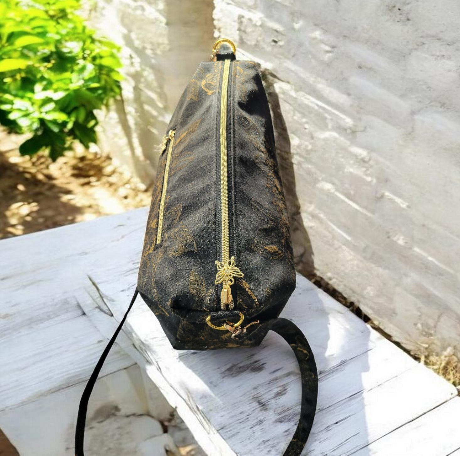 Black & Gold Floral Brushed Silk Crossbody Bag, Vintage Inspired, Slouchy Purse, view 7