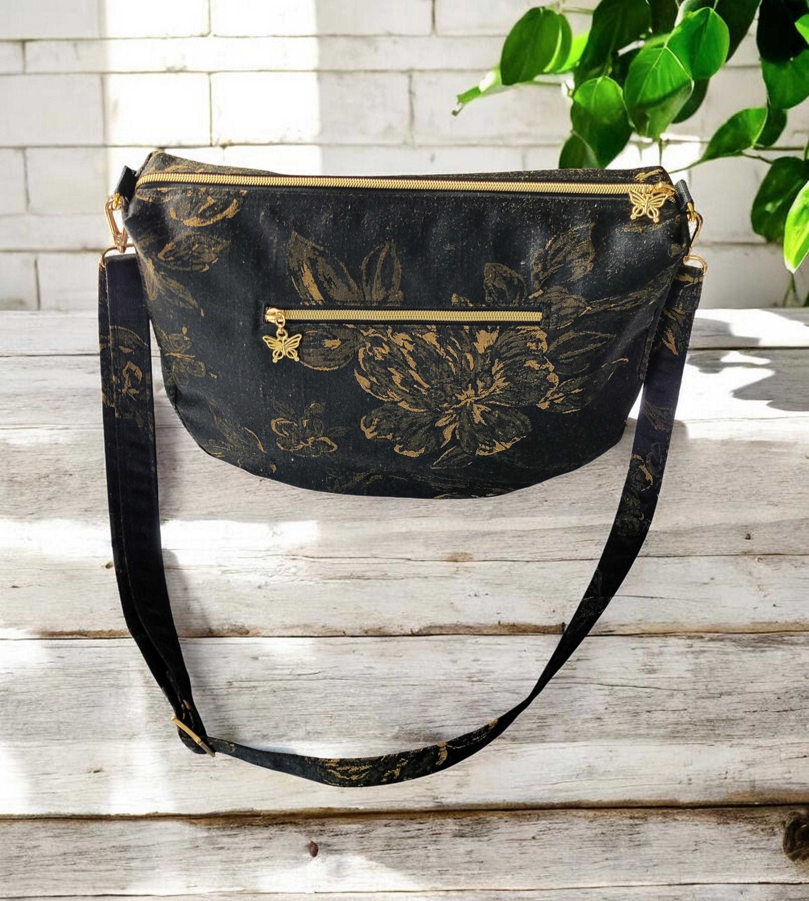 Black & Gold Floral Brushed Silk Crossbody Bag, Vintage Inspired, Slouchy Purse, view 8