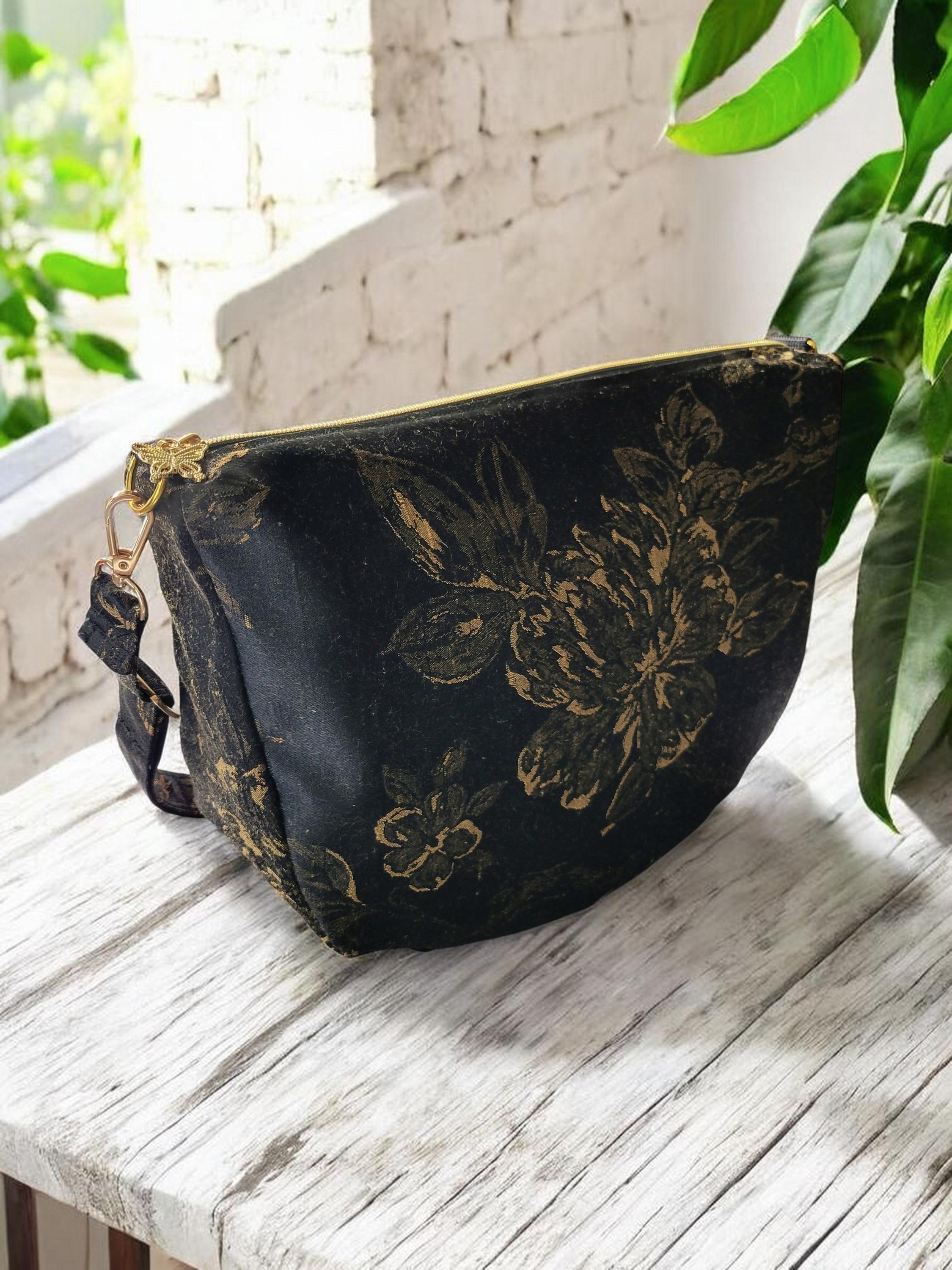 Black & Gold Floral Brushed Silk Crossbody Bag, Vintage Inspired, Slouchy Purse, view 9