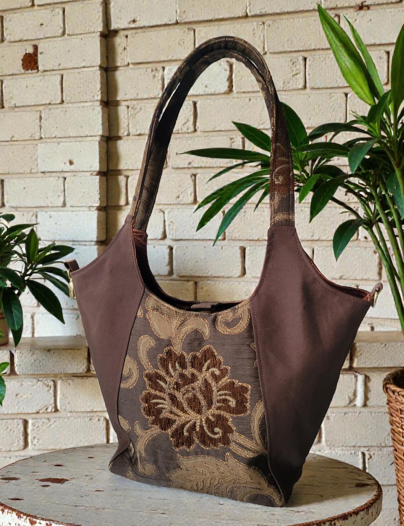 Brown, Gold and Bronze Sparkle Purse, Expandable Brown Floral Tapestry Shoulder Bag, Vintage Inspired