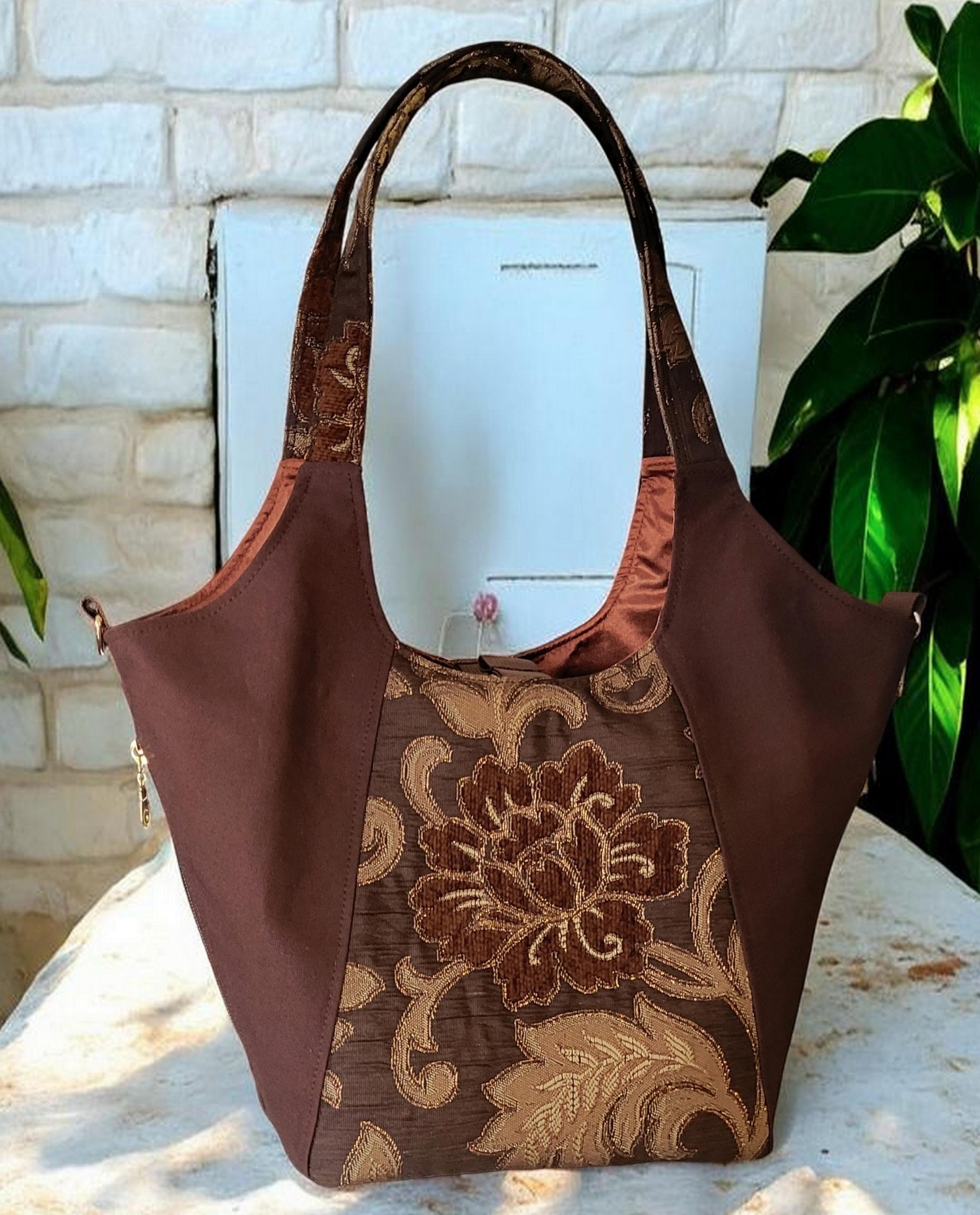 Brown, Gold and Bronze Sparkle Purse, Expandable Brown Floral Tapestry Shoulder Bag, Vintage Inspired, view 10