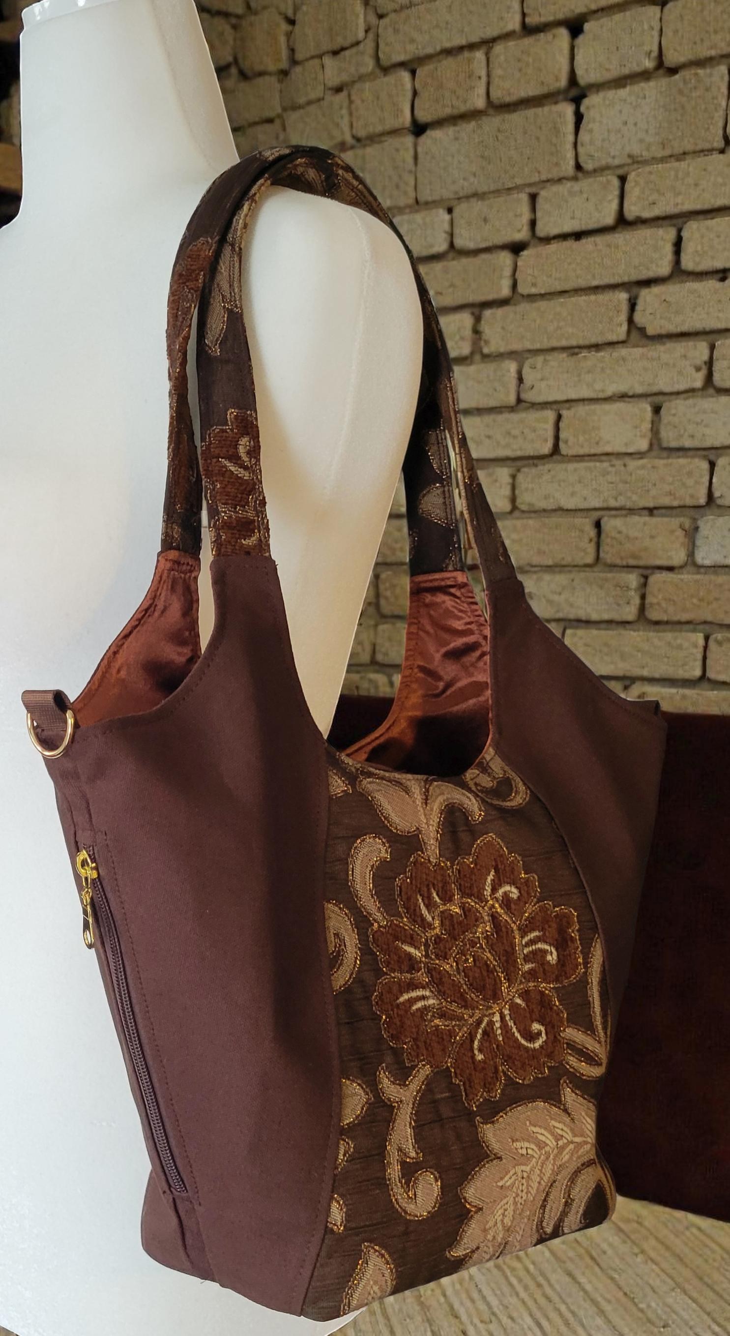 Brown, Gold and Bronze Sparkle Purse, Expandable Brown Floral Tapestry Shoulder Bag, Vintage Inspired, view 11