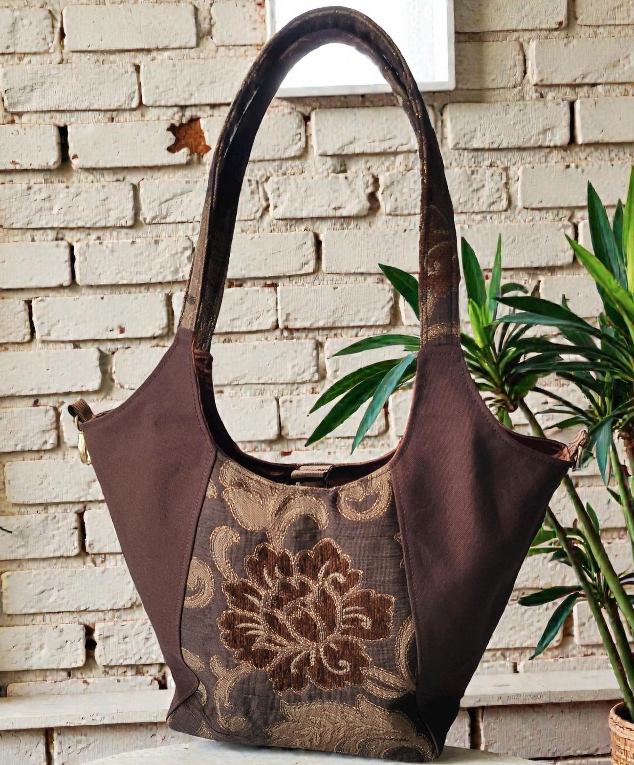 Brown, Gold and Bronze Sparkle Purse, Expandable Brown Floral Tapestry Shoulder Bag, Vintage Inspired, view 12
