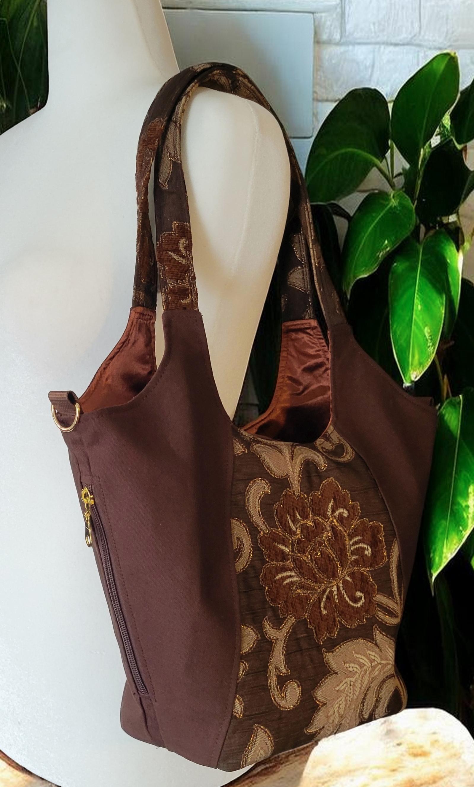 Brown, Gold and Bronze Sparkle Purse, Expandable Brown Floral Tapestry Shoulder Bag, Vintage Inspired, view 13