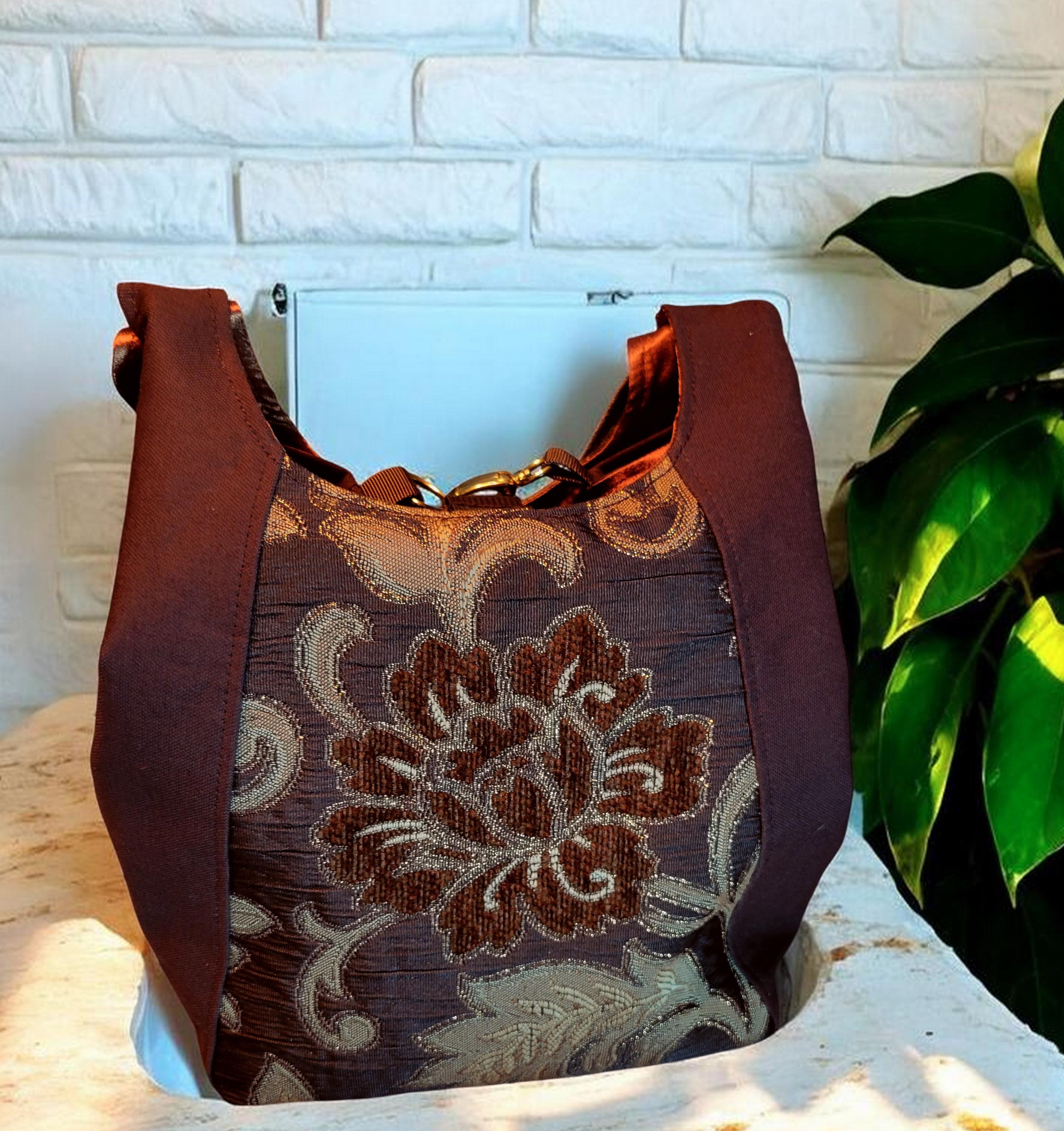 Brown, Gold and Bronze Sparkle Purse, Expandable Brown Floral Tapestry Shoulder Bag, Vintage Inspired, view 2
