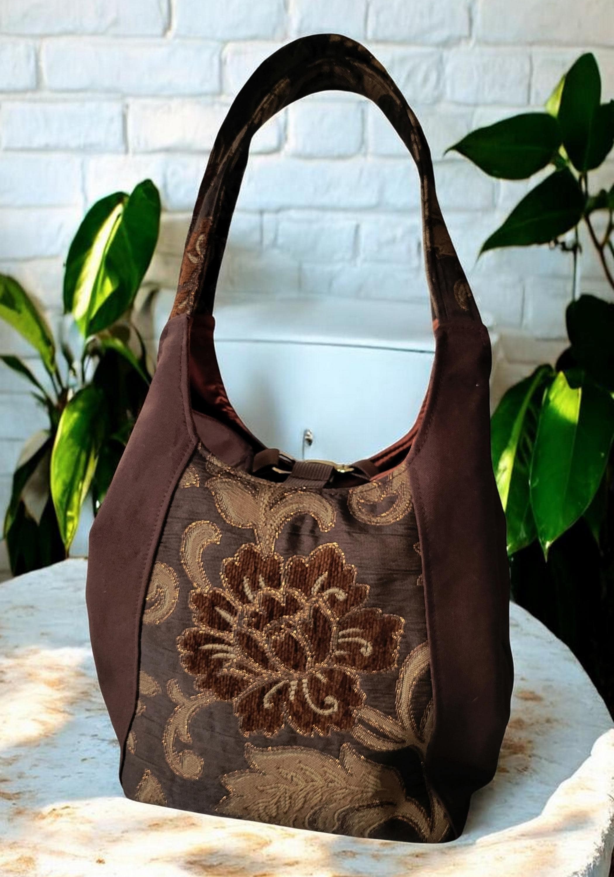 Brown, Gold and Bronze Sparkle Purse, Expandable Brown Floral Tapestry Shoulder Bag, Vintage Inspired, view 3