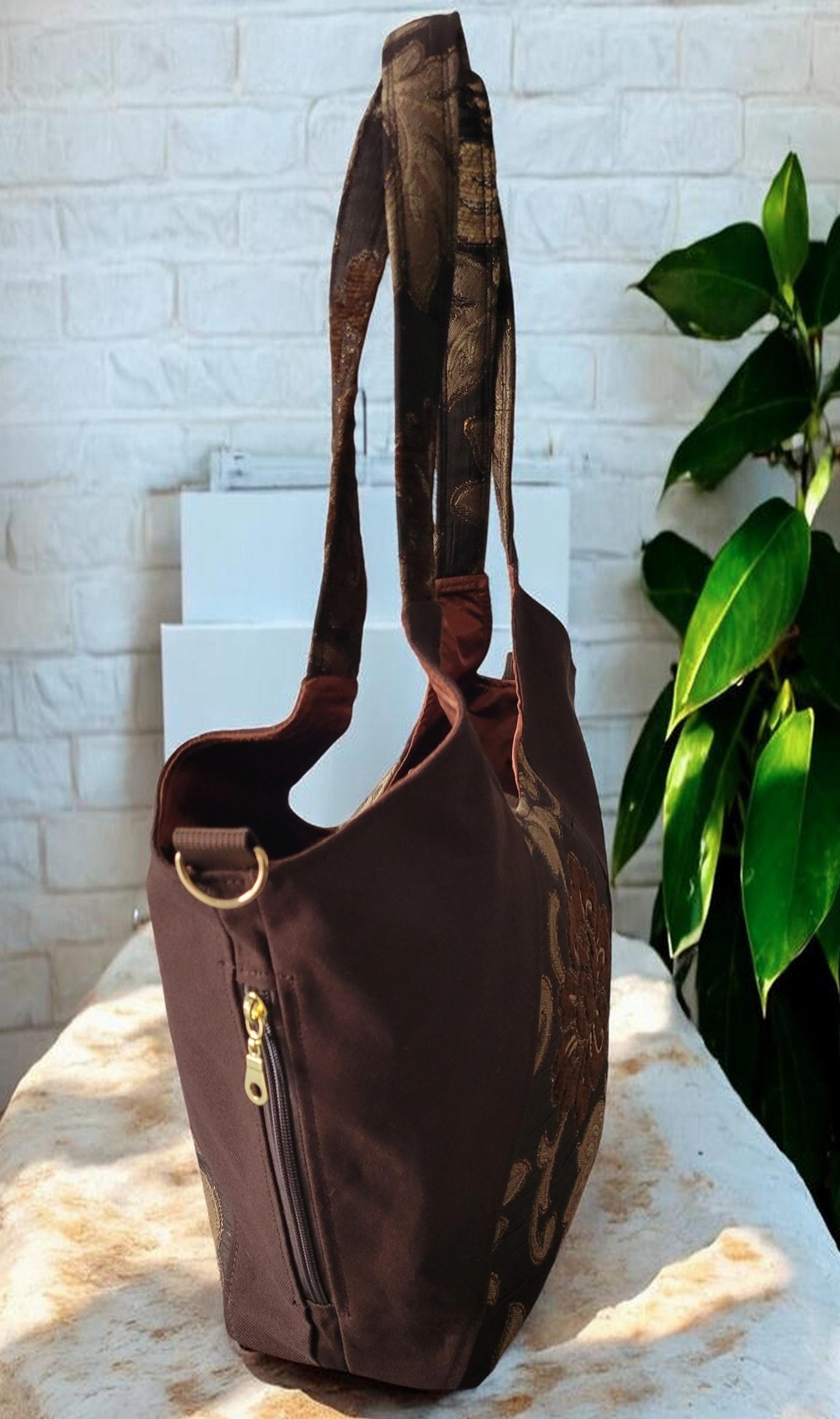 Brown, Gold and Bronze Sparkle Purse, Expandable Brown Floral Tapestry Shoulder Bag, Vintage Inspired, view 4