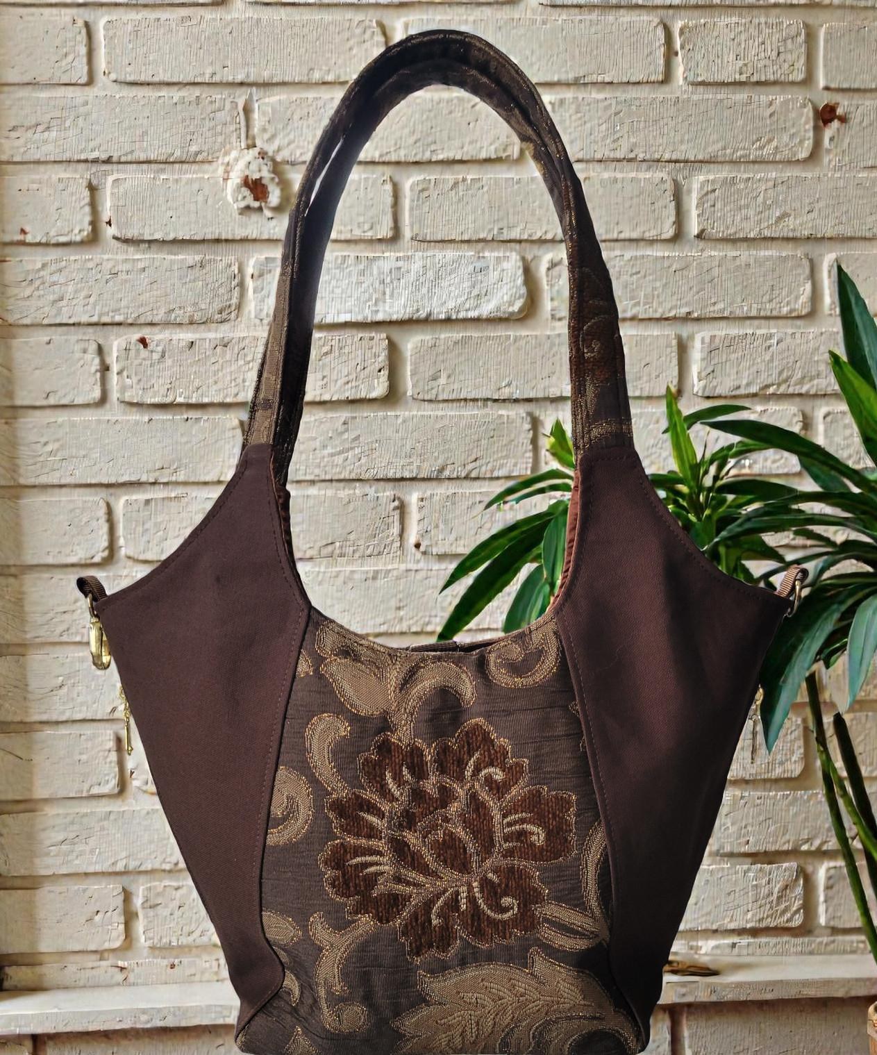 Brown, Gold and Bronze Sparkle Purse, Expandable Brown Floral Tapestry Shoulder Bag, Vintage Inspired, view 5