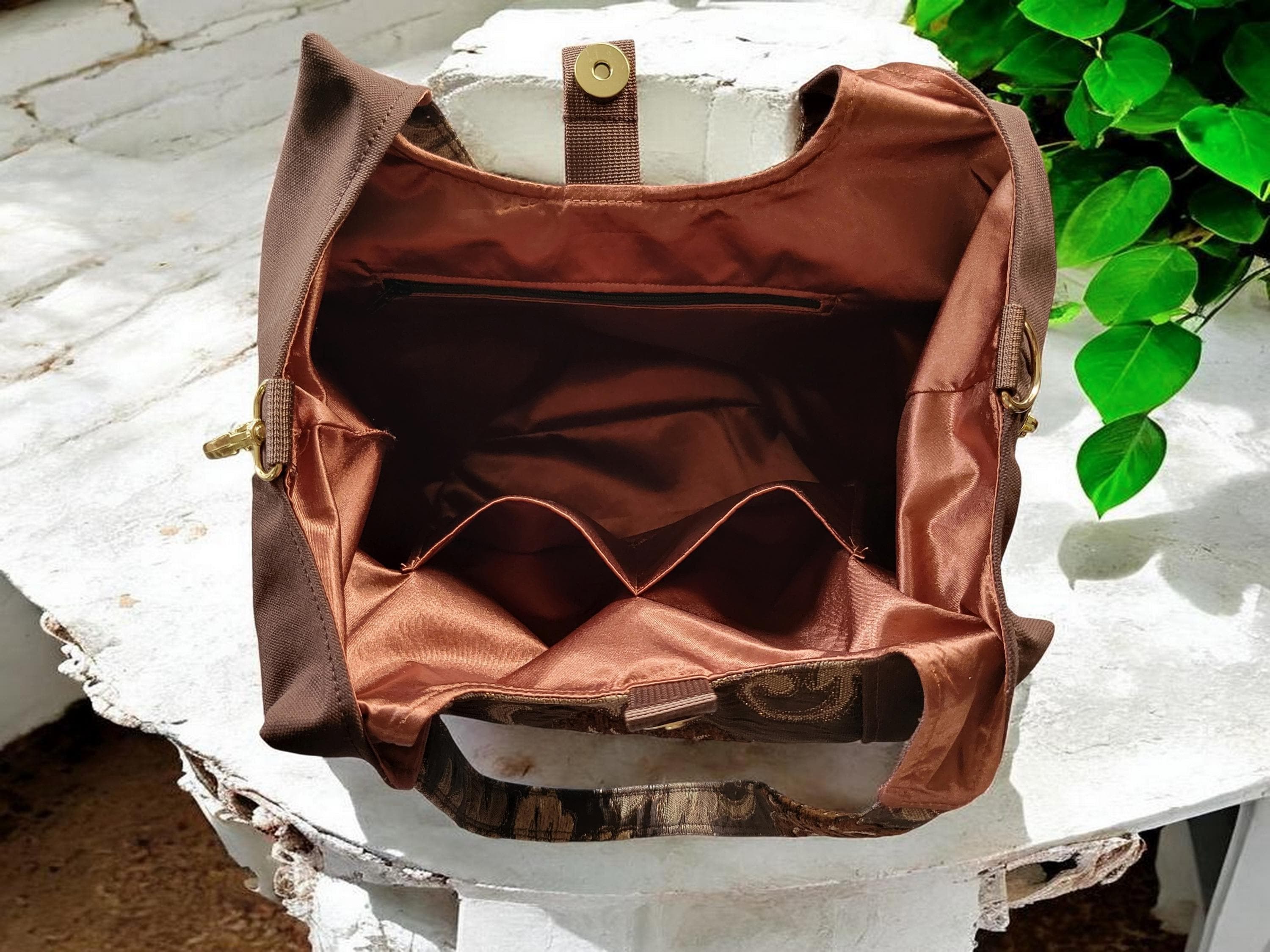 Brown, Gold and Bronze Sparkle Purse, Expandable Brown Floral Tapestry Shoulder Bag, Vintage Inspired, view 6