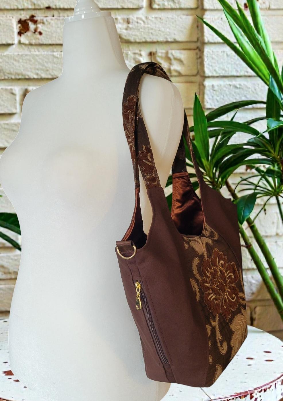 Brown, Gold and Bronze Sparkle Purse, Expandable Brown Floral Tapestry Shoulder Bag, Vintage Inspired, view 7