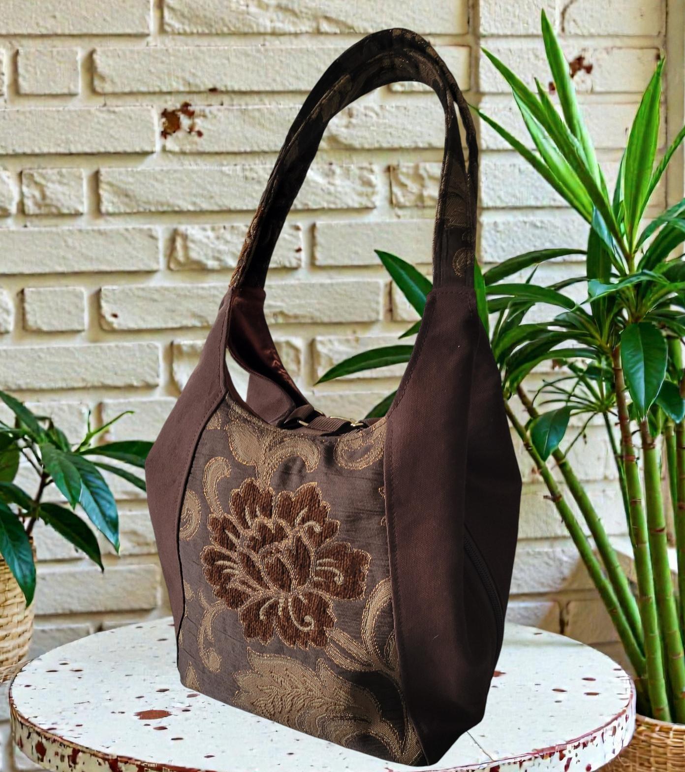 Brown, Gold and Bronze Sparkle Purse, Expandable Brown Floral Tapestry Shoulder Bag, Vintage Inspired, view 8