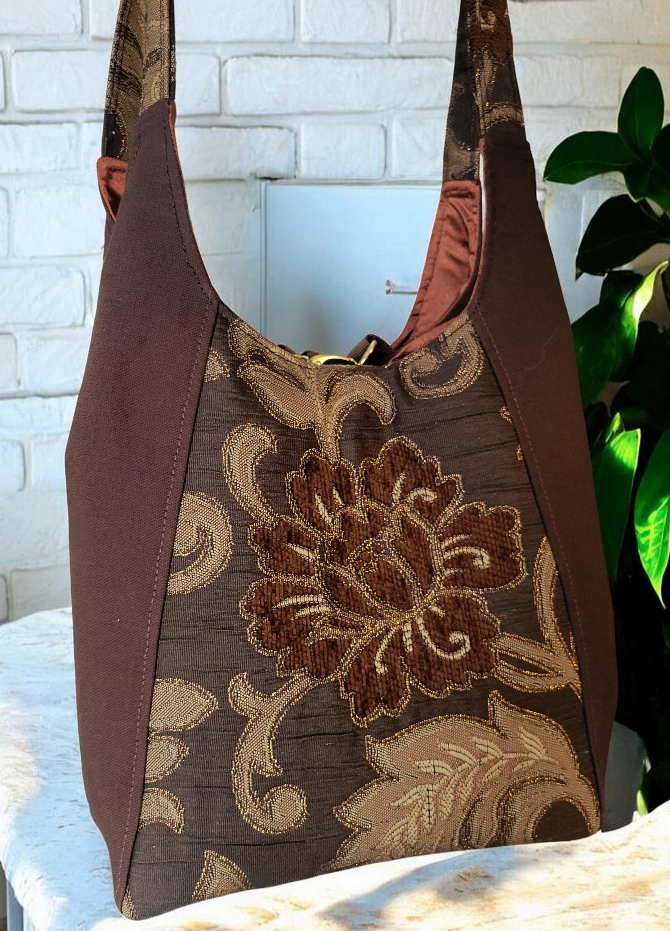 Brown, Gold and Bronze Sparkle Purse, Expandable Brown Floral Tapestry Shoulder Bag, Vintage Inspired, view 9