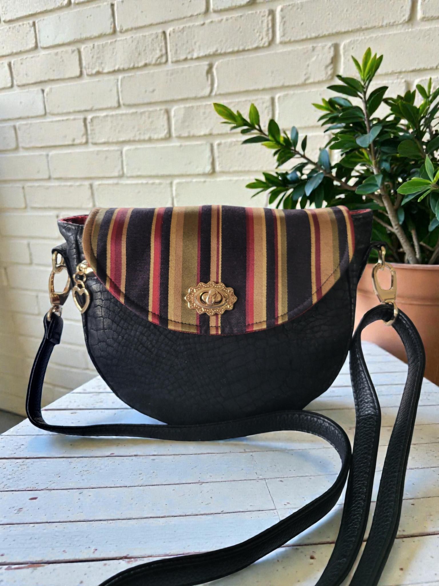Vintage-Inspired Saddle Bag - Single Flap Handbag - Gold Striped Jacquard Purse